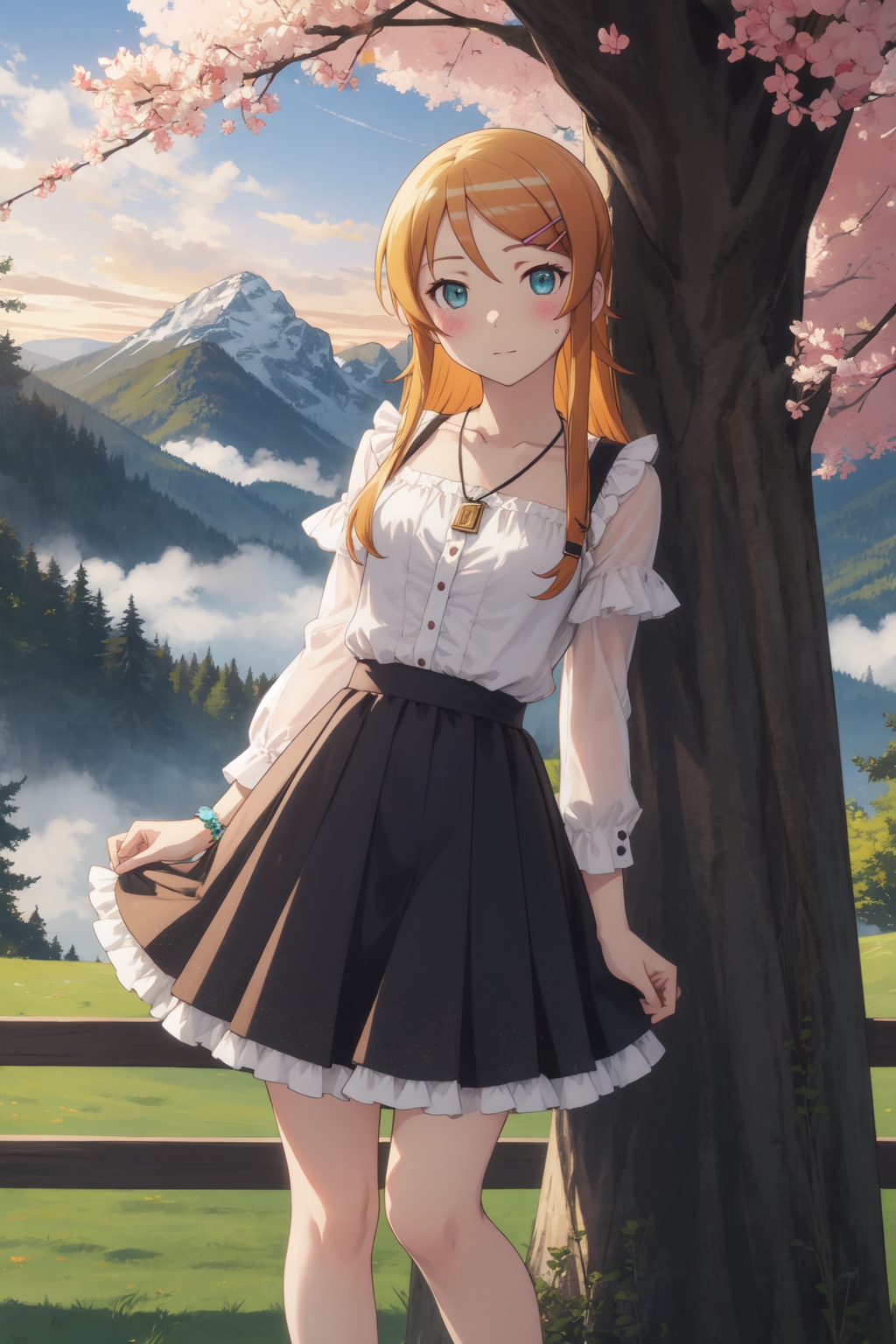 <lora:Kirino-000005:0.8>,Kirino cyql,1girl,looking at viewer,solo,long hair,orange hair,hairclip,hair ornament,aqua eyes,blush,necklace,jewelry,Ruffled frilled shirt tucked into a metallic pleated midi long skirt with block-heel sandals,Passionate, A heated look, a flushed face, and a quickened breath.,full_shot,beautiful face,beautiful eyes,glossy skin,shiny skin,Mountains, Mist, Dawn, Sky, Peaks, Trees, Serenity, Tranquility,(Cherry blossoms, Country lane, Blossom petals, Springtime charm, Rural tranquility, Cherry blossom drift:0.6),beautiful detailed sky,beautiful detailed glow,posing in front of a colorful and dynamic background,masterpiece,best quality,beautiful and aesthetic,contrapposto,female focus,wallpaper,fashion,