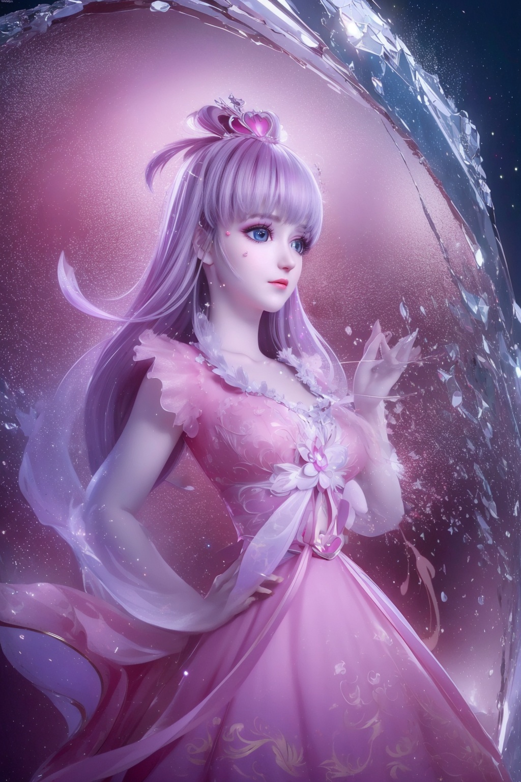 (8k, RAW photo, best quality, masterpiece:1.2),(super realistic, photo-realistic:1.3),ultra-detailed,extremely detailed cg 8k wallpaper,hatching (texture),skin gloss,light persona,(crystalstexture skin:1.2),(extremely delicate and beautiful),ultra-high resolution,surrealism,fantastical verisimilitude,fantastical creation,thriller color scheme,surrealism,abstract,psychedelic,1girl,solo,pink dress,sparkle,shine,reflection,yll-hd,ll-hd,<lora:0605叶罗丽:0.8>,<lora:1111白皙质感:0.5>,ty-hd,<lora:0110田野:0.6>,