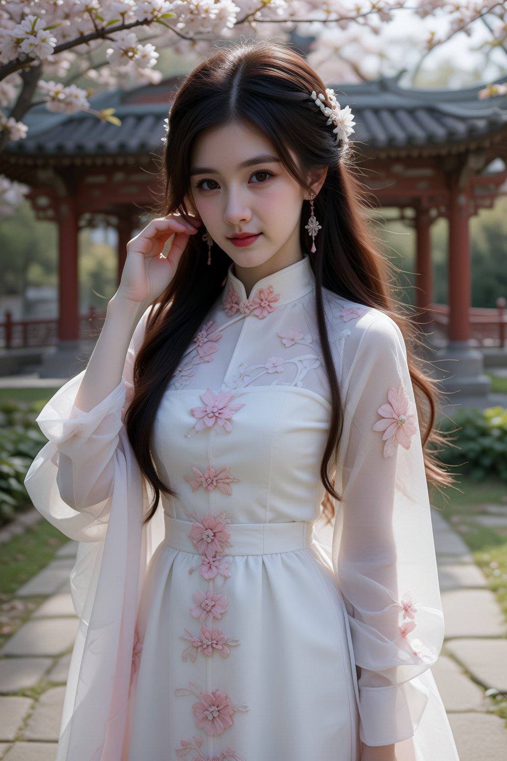 female,  young *****,  long dark brown wavy hair adorned with small white floral accessories on Tensor.Art