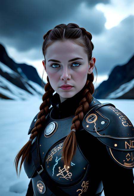 A captivating image emerges, focusing on a vikingpunk warrior-princess with her presence commanding attention in the icy wasteland. Her futuristic viking armor based on traditional viking armor, a seamless fusion of technology and her athletic form, slim-athletic form highlights her strength and agility. The warrior's twin braids with shaved sides, frames her determined expression, while her piercing eyes bore into the viewer. Ancient runes are etched into her battleaxe and armor, crackling with mystical glowing energy. The frozen landscape, a testament to her people's resilience, stretches into the distance, where dark, ominous clouds partially veil the rugged mountainous pass, filling the air with crispness and the promise of lightning. This artwork, with its Nordic and Viking-inspired elements, captures the essence of a powerful futuristic figure, seamlessly blending ancient traditions with futuristic innovations. Beauty, chiaroscuro, play of shadow and light, realistic,   <lora:flux_trainer/moxiePunk_v4D>