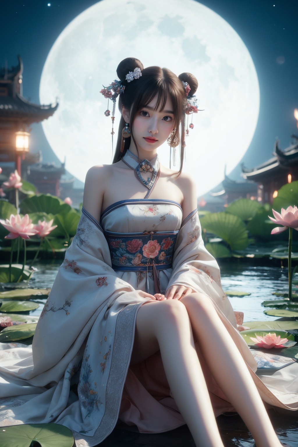 1girl, moon, jewelry, hair bun, solo, long hair, night, sitting, hair ornament, flower, lily pad, double bun, full moon, brown hair, barefoot, sky, lotus, water, earrings, chinese clothes, looking at viewer, night sky, ring, bare shoulders, sash, black hair<lora:嫣月楼:0.7>