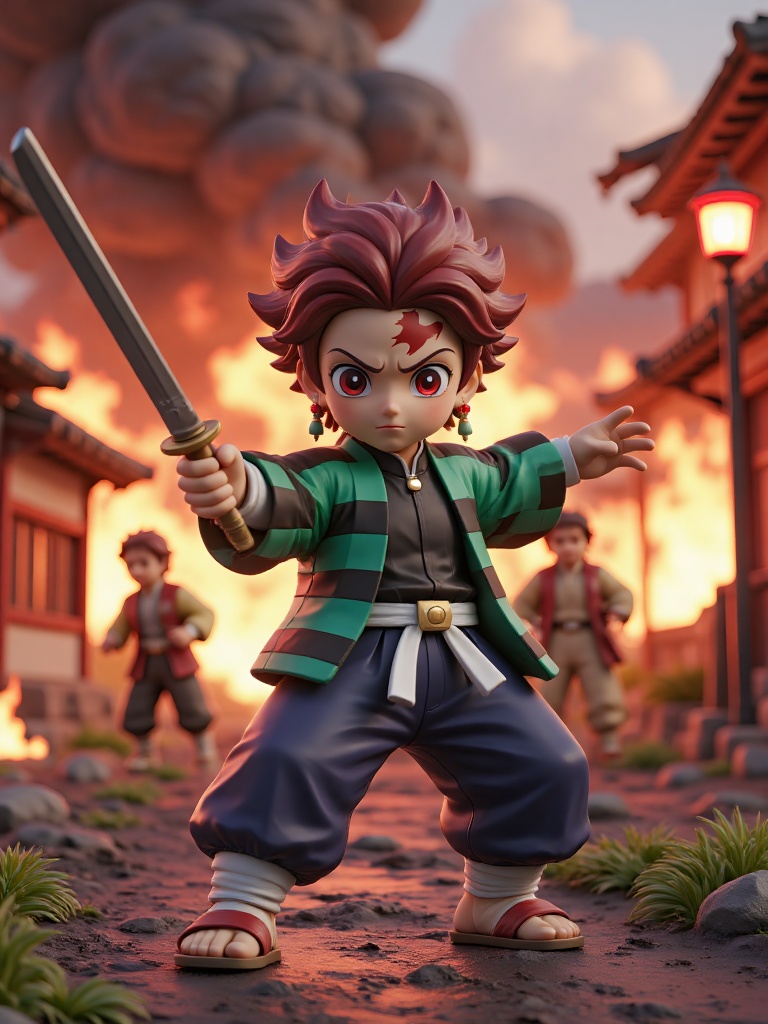 3D Tanjiro wearing a bright green and black checkered haori (seaweed green and black checkerboard pattern),with a black school uniform underneath,a white and gold sash (happi) tightly tied around the waist,wearing deep blue loose hakama pants,traditional Japanese split-toe tabi socks,and woven straw sandals.,3D Tanjiro holds a nichirin sword and makes a slashing motion, with sharp eyes and a focused expression.The scene is a burning village. Houses are engulfed in flames, red flames are blazing, and black smoke is billowing. Some villagers are fleeing in panic around 3D Tanjiro.The picture is lit by firelight, with a reddish tone. The color of the picture tends to be red, presenting a tense and critical atmosphere. 