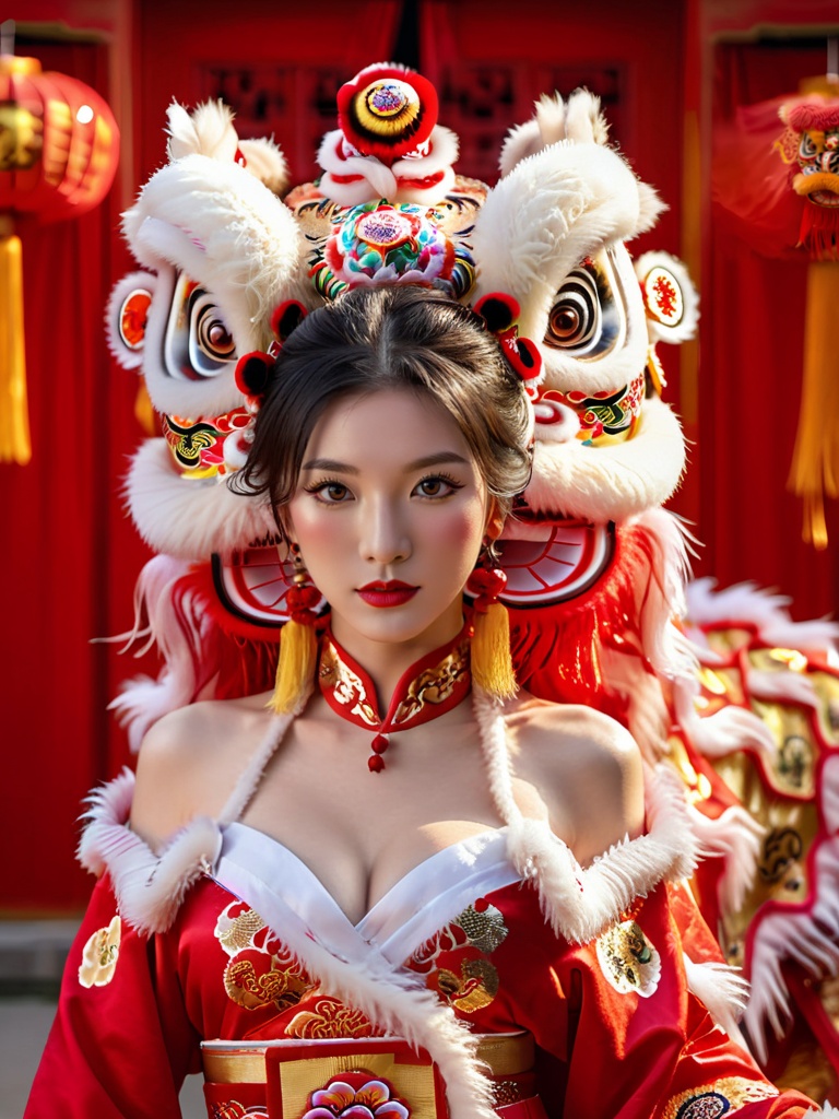 1girl,  big lion head,  bare shoulders on Tensor.Art
