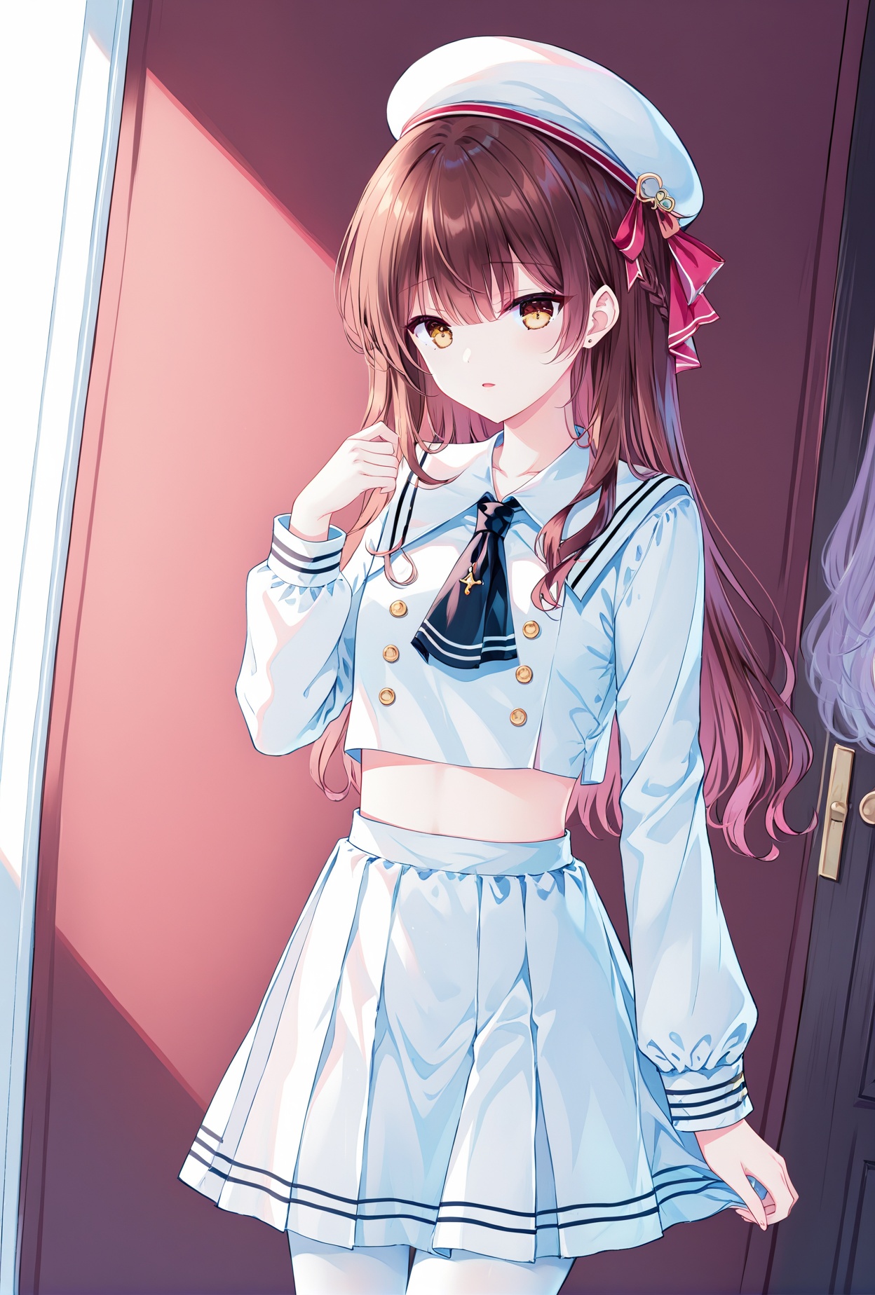 (masterpiece), (best quality), illustration, ultra detailed, hdr, Depth of field, (colorful),[sheya],[hiten \(hitenkei\), ]school uniform, white serafuku, double-breasted,white pantyhose,hat ,crop top,    chihiro,1girl,brown eyes,long hair,brown hair, <lora:JanusUniformXLAni3.1:1>,<lora:chihiroXLani3:1>