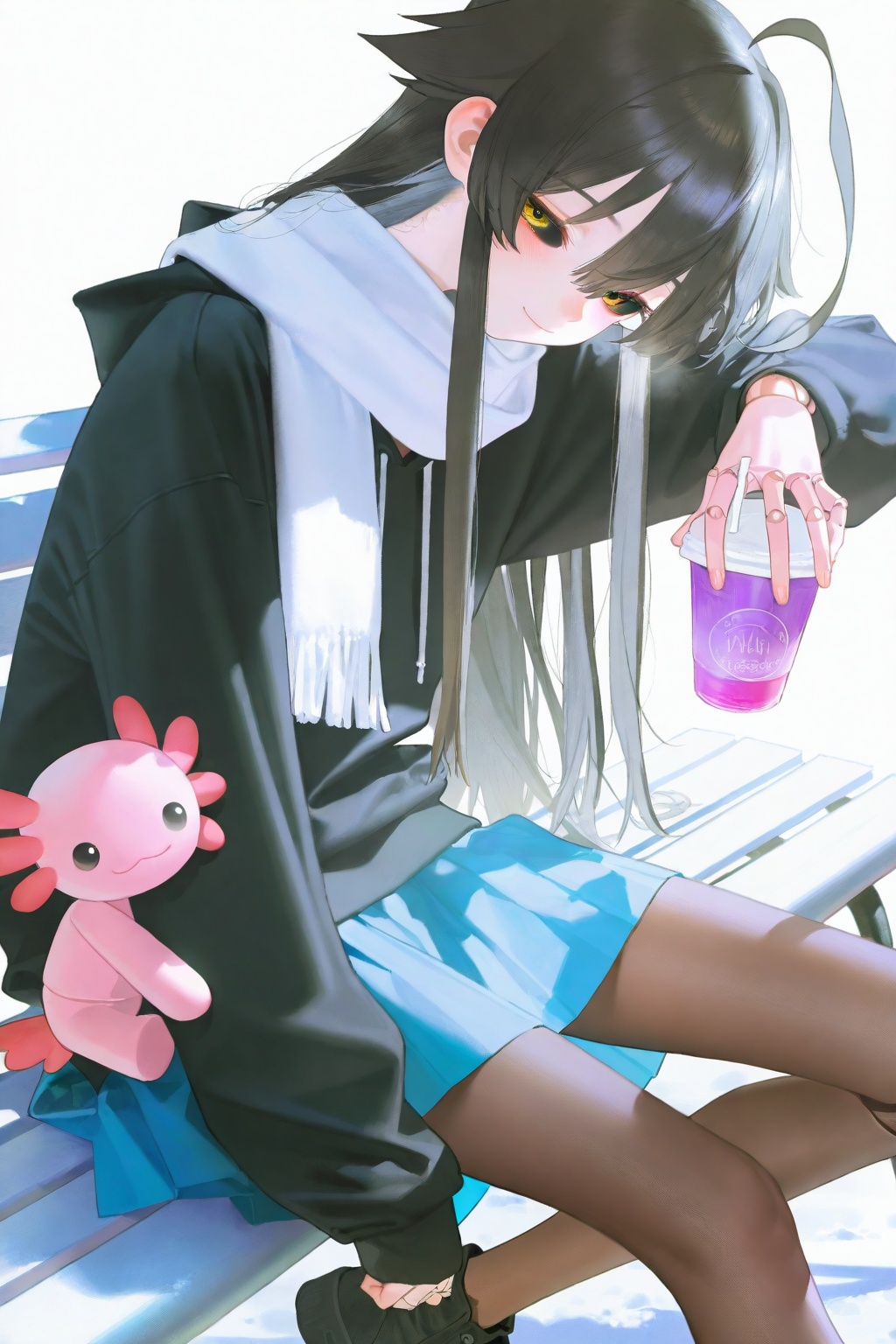 highres,absurdres,very awa,masterpiece,best quality,newest,year 2024,tianliang duohe fangdongye,ask \(askzy\),(yomu \(sgt epper\):0.8),(dino \(dinoartforame\):0.6),(yoneyama mai:1.2),(quasarcake:0.9),potg \(piotegu\),(wlop:0.6),rella,reoen,(konya karasue:0.7),(bm tol:1.3),(fkey:0.6),(mr. j.w:0.7),(honnryou hanaru:1.3),lineart,(iridescent:1.3),(pastel colors:1.5),(muted color:1.3),(pale skin:1.3),(aegyo sal:1.3),(thick eyelashes:1.3),\n,(white background:1.5),1boy,(solo:1.3),crossdressing,ahoge,huge ahoge,(black hair:1.5),(two-tone hair:1.1),colored inner hair,grey hair,long hair,messy hair,(grey inner hair:1.1),hair flaps,sidelocks,bangs,hair between eyes,long bangs,yellow eyes,(black sclera:1.3),colored sclera,(axolotl gills:1.3),pink gills,long gills,(pink skin:1.3),(colored skin:1.1),joints,(doll joints:1.1),white scarf,black hoodie,blue skirt,(loose clothes:1.3),pleated skirt,long sleeves,long skirt,brown pantyhose,black footwear,cowboy shot,light blush,light smile,looking at viewer,half-closed eyes,holding,cup,disposable cup,sitting on bench,snow,from side,white bench,