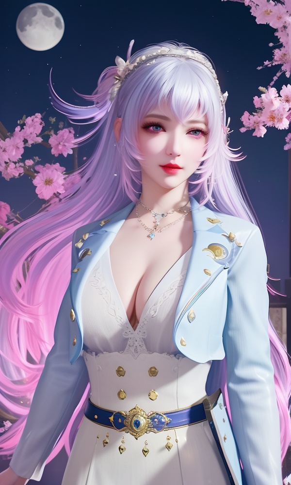 (,1girl, ,best quality, ),looking at viewer, <lora:480-DA-斗罗大陆-永劫无间-唐舞桐:0.8> ,,ultra detailed background,ultra detailed background,ultra realistic 8k cg, ,masterpiece, (( , )),, realistic,science fiction,mole, ultra realistic 8k cg, ,     ,crescent moon, jasmine \(flower\),     (cleavage), (),