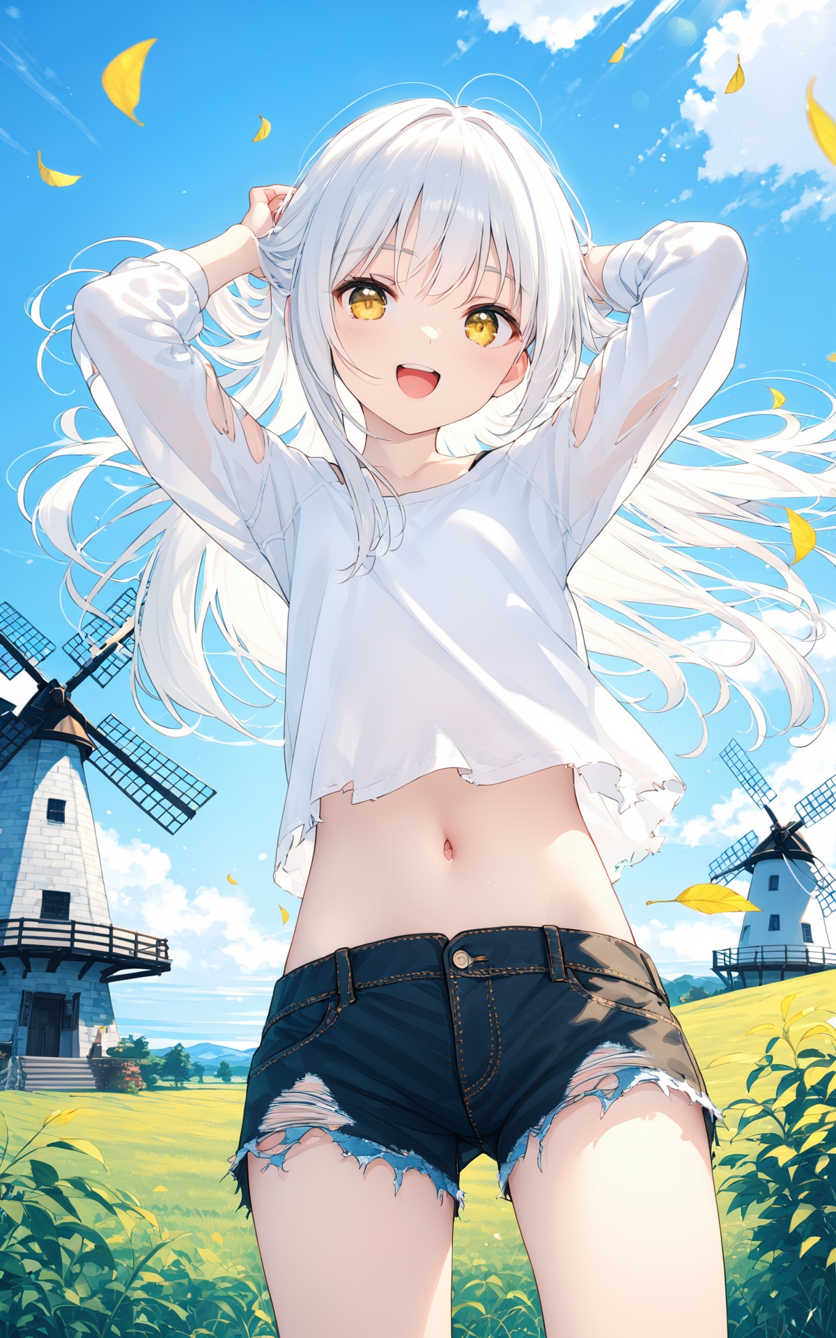 (masterpiece),(best quality),illustration,ultra detailed,hdr,Depth of field,(colorful),loli,1girl,solo,outdoors,shorts,sky,long hair,cloud,navel,falling leaves,cutoffs,arms up,crop top,smile,grass,windmill,midriff,day,black shorts,long sleeves,floating hair,stomach,wind,blue sky,standing,open mouth,shirt,short shorts,denim,white hair,white shirt,yellow eyes,:d,torn shorts,feet out of frame,looking at viewer,denim shorts,leaf,thighs,