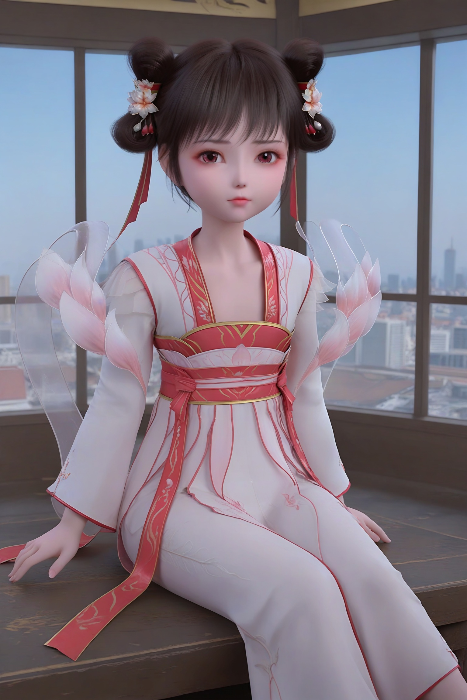 solo,sitting,window,frills,sky,cloud,indoors,cityscape,closed_mouth,sun,looking at viewer,<lora:斗破苍穹-潇潇Pony:0.8>,1little girl,dark brown hair,two high buns with white and pink flowers,traditional Chinese-style outfit,characterized by a white,flowing dress,intricate red and gold embroidery,long sleeves,high collar,long,pink ribbons,