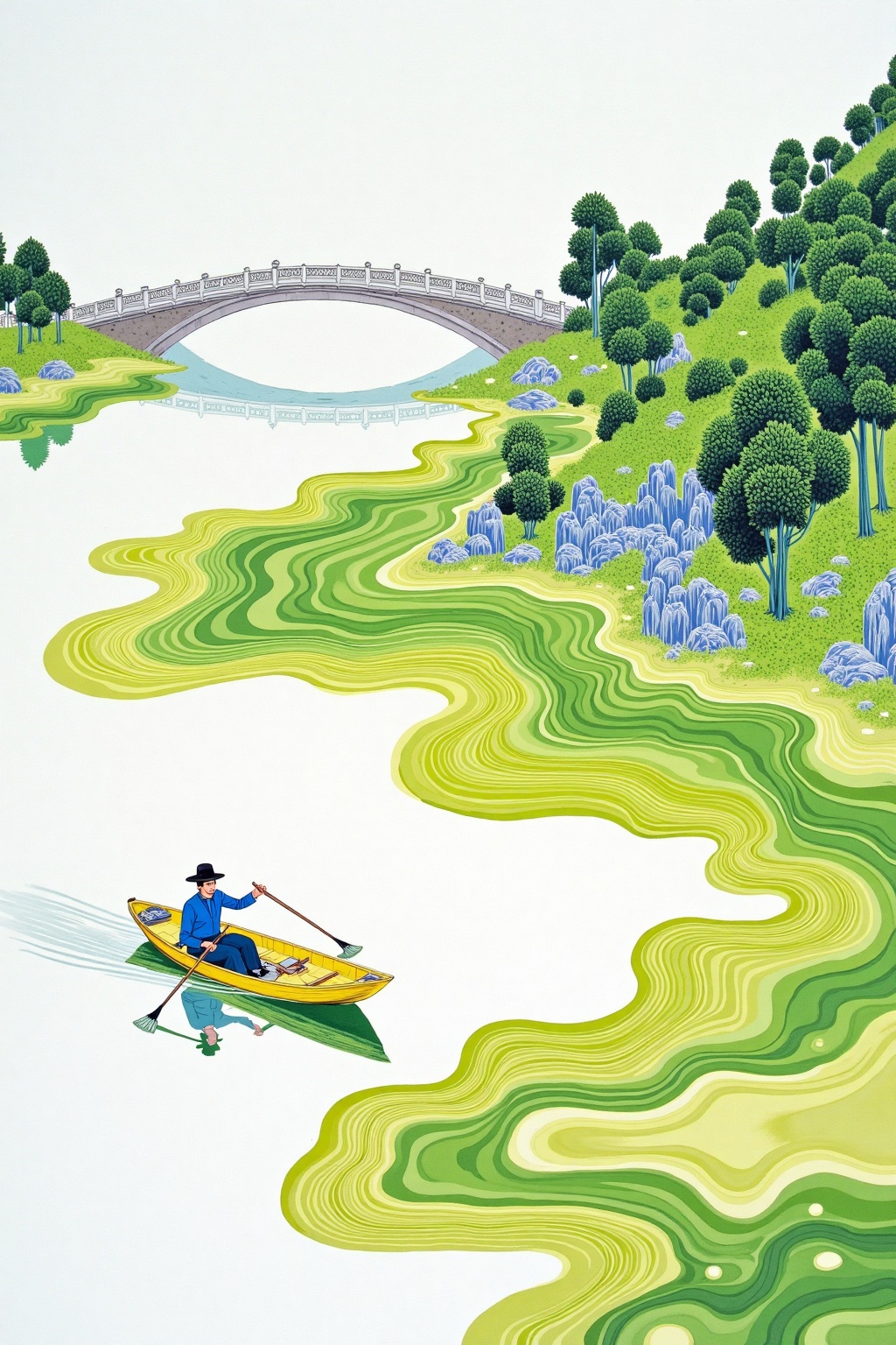 beijihui,Captured from an eye-level perspective,a painting of a man in a blue shirt and black hat is rowing a yellow boat on a body of water. The boat is floating on the left side of the frame,while the right side is angled towards the right. The man is holding two oars in his hands,and he is wearing a black hat and a blue long sleeve shirt. The background is a light blue,with a bridge in the middle of the water. To the right of the bridge is a lush green hill,dotted with trees and rocks. The water is a vibrant shade of green,creating a striking contrast to the painting.,