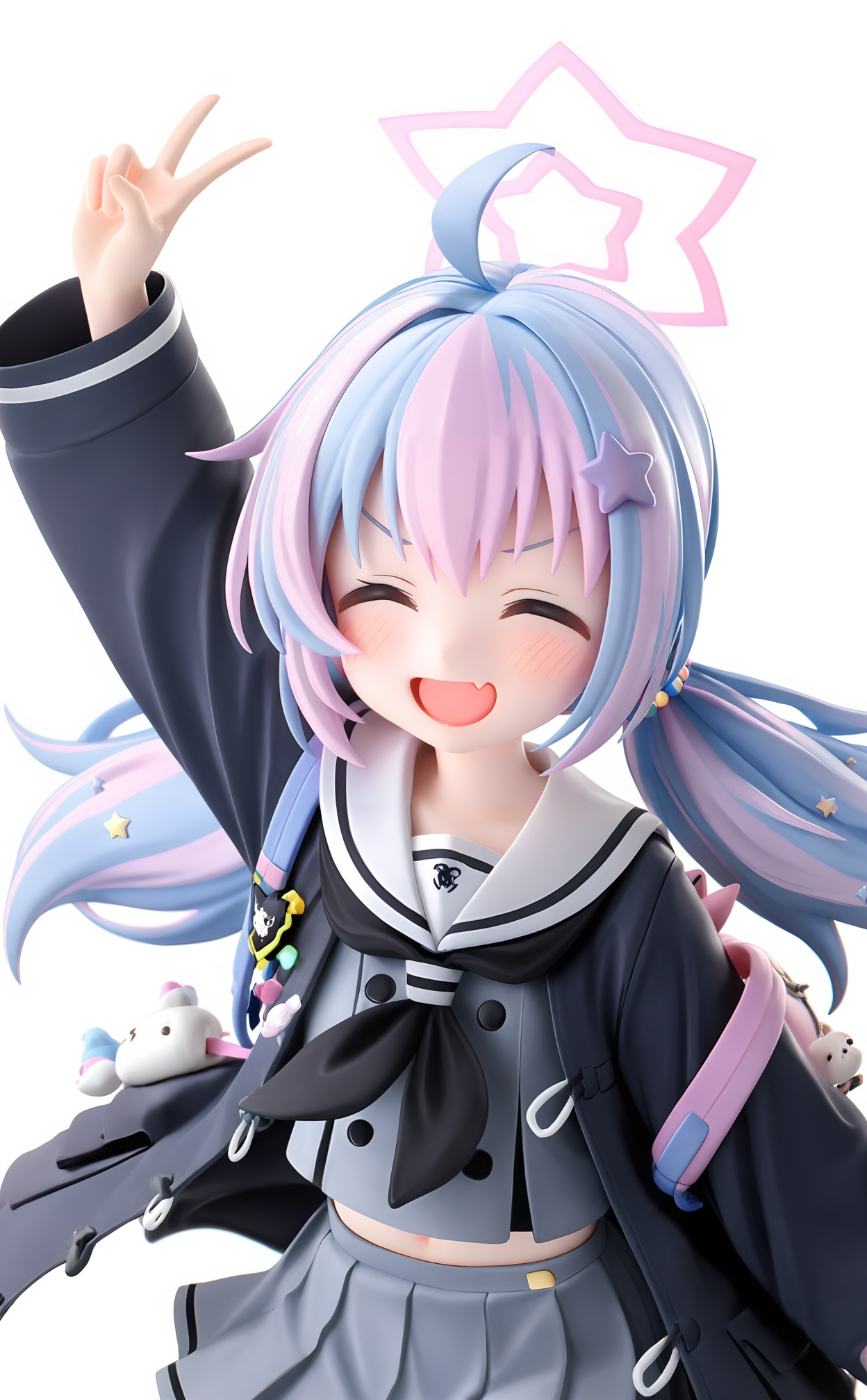 masterpiece,absurdres,best quality,loli,petite,high quality,chromatic_aberration,//,1girl,reisa (blue archive),solo,halo,black neckerchief,neckerchief,white sailor collar,star hair ornament,pink hair,multicolored hair,star halo,star (symbol),sailor collar,hair ornament,white background,ahoge,twintails,light blue hair,closed eyes,simple background,school uniform,v,long hair,jacket,blue hair,black jacket,open mouth,long sleeves,streaked hair,blush,open clothes,serafuku,upper body,hair beads,open jacket,pink halo,grey serafuku,smile,beads,grey shirt,hair scrunchie,shirt,arm up,low twintails,bag,backpack,fang,two-tone hair,hair between eyes,facing viewer,skin fang,scrunchie,purple hair,skirt,//,<lora:PVC7——【noob】hans:1>,