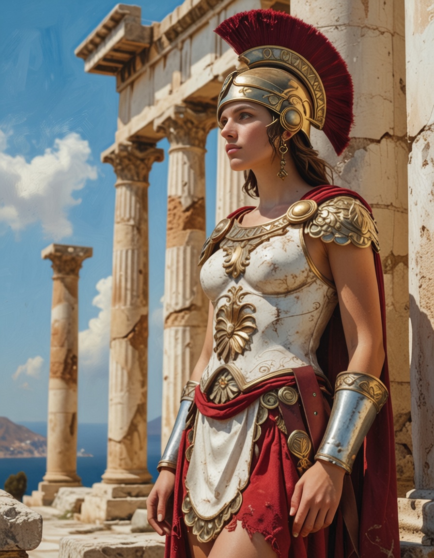 Greek Classical style This image is a classical-style oil painting.,  Oil painting of a statuesque young female ancient-wa...