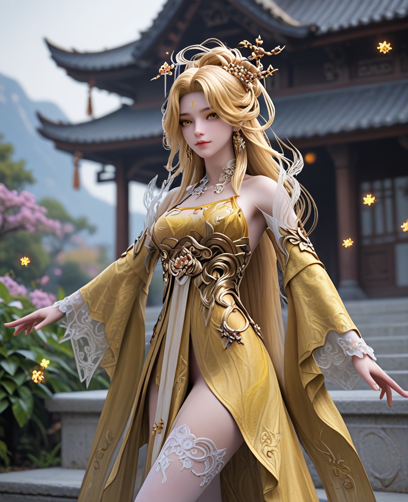 (oriental architecture, elegant decor, sophisticated style:1.1),leaning against the wall,(breasts:1.2),<lora:XL16完美世界黄金花女子:0.95>,1girl,yellow dress,yellow eyes,yellow eyeshadow,forehead mark,blonde hair,very long hair,hair ornament,princess half-up hairstyle with long cascading hair,wide flowing sleeves,white thighhighs,sash,, zPDXL2, score_9, score_8_up, score_7_up BREAK realistic, masterpiece,best quality, highly detailed,, zPDXL3, zPDXL2,zPDXL, zPDXLxxx, zPDXLrl,
