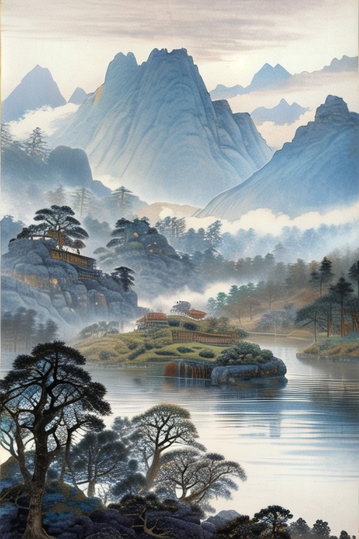 landscape painting, Landscape Ink Painting, outdoors, sky, cloud, water, tree, scenery, rock, mountain