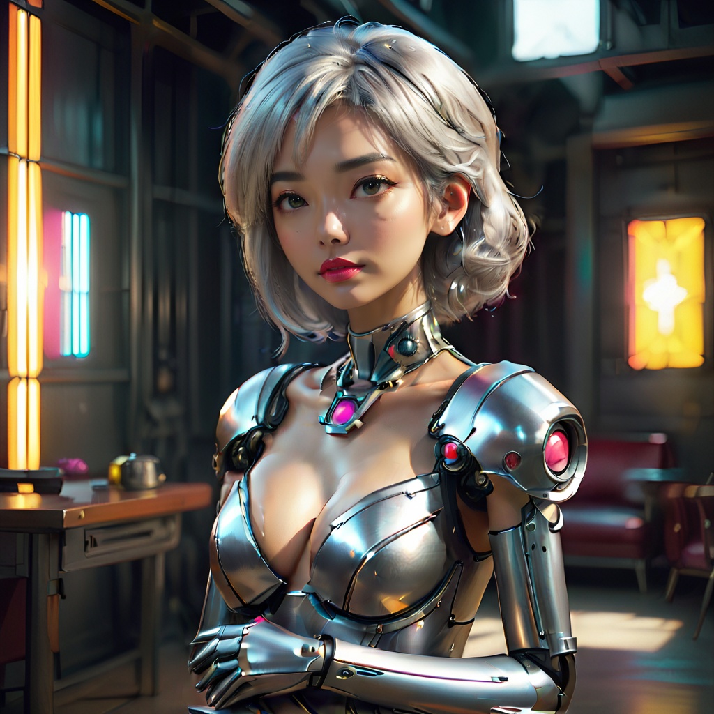 1girl,solo,shiny_skin,glamor,silver hair,light_blush,lipstick,medium breasts,arms_crossed,jiniang,<lora:机娘:0.7>,colorful,game cg,Cinematic Lighting,metallic luster,moody lighting,available light,ban,panorama,full_shot,(long legs :1.7),, masterpiece, best quality,