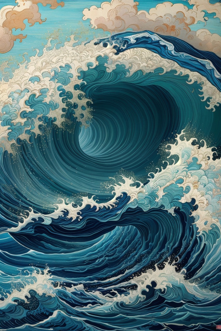 ((HRD, HUD, 8K)),((masterpiece, best quality)), highly detailed,Embroidery, waves, no humans, water, ocean, cloud, traditional media, <lora:20240520-1716211516835:0.8>