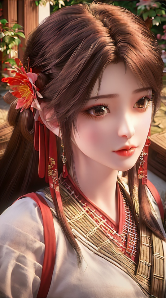 hle,1girl,solo,outdoors,(looking_at_viewer:1.2),headpiece,jewelry,sitting,chinese clothes,earrings,hair flower,portrait,hair ornament,flower field,