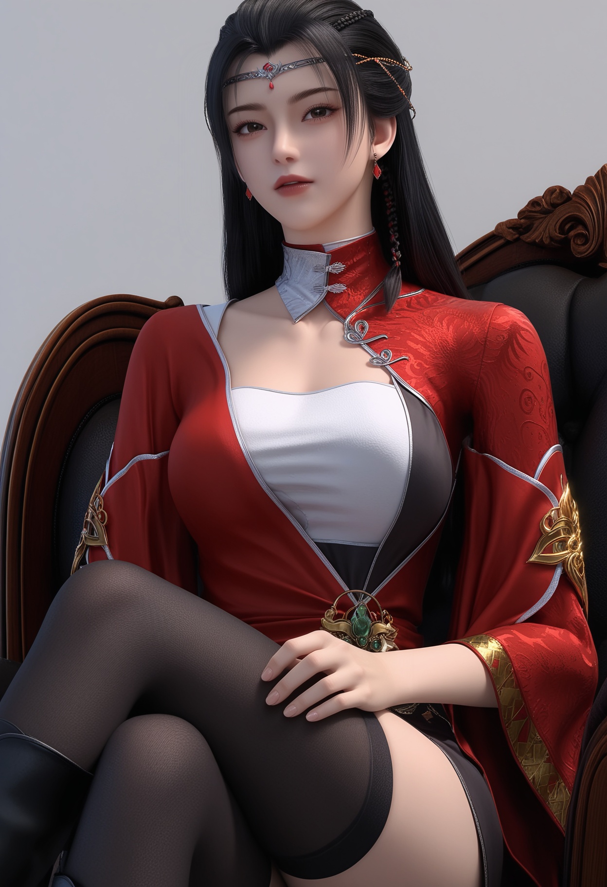 masterpiece,best quality,absurdres,highres,BREAK(glamor:1.1),slender,1girl,solo,<lora:流风霜ill:0.8>,long hair,black hair,hair ornament,jewelry,forehead ornament,earrings,white inner top,high collar,red silk robe,diagonal closure,sleeves with gold trim,golden chains at waist,black underdress,black thighhighs,collarbone,(large breasts),looking at viewer,sitting,crossed legs,pov,boots,from below,chair,BREAKsimple background,white background,rim light,Tyndall effect,Volumetric Lighting,Cinematic Lighting,