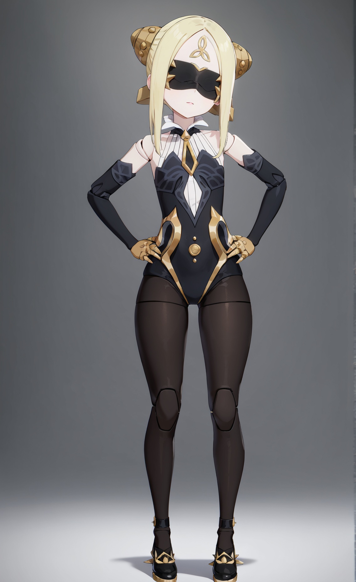 8k, best quality, masterpiece, (ultra-detailed), (high detailed skin), (white background:1.3), (full body:1.3), (white background), standing, looking at viewer, (solo), hands on hips, <lora:qianren-A3-Tanger-000010:0.7>, qianren, qianren's def clothes, 1girl, blindfold, blonde hair, pantyhose, joints, black shoes, (beautiful_face), ((intricate_detail)), clear face, ((finely_detailed)), fine_fabric_emphasis, ((glossy)), full_shot, 
