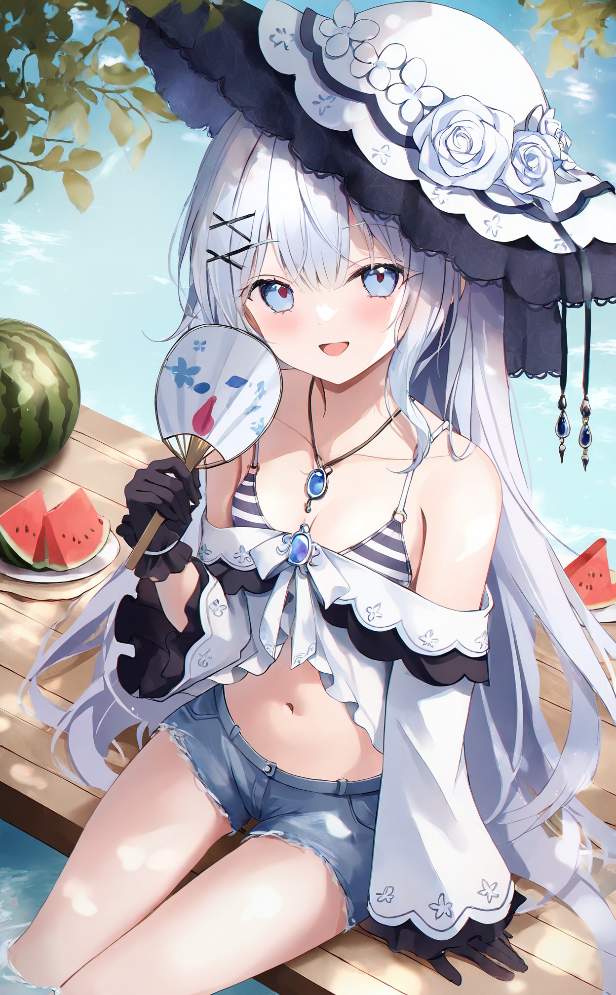 masterpiece,highres,absurdres,newest,best quality,loli,petite,high quality,chromatic_aberration,//,masterpiece, Artist r_o_ha, tsukishiro_yuki, 1girl, solo, long_hair, white_hair, blue_eyes, very_long_hair, hat, white_headwear, hat_flower, white_rose, rose, flower, jewelry, brooch, lace, frills, black_gloves, gloves, lolita_fashion, dress, long_sleeves, blush, smile, open_mouth, looking_at_viewer,  watermelon, fruit, soaking_feet, hand_fan, paper_fan, striped_bikini, shorts, food, watermelon_slice, from_above, swimsuit, short_shorts, uchiwa, holding, denim_shorts, hair_ornament, denim, sitting, cleavage, off_shoulder, dappled_sunlight, holding_fan, x_hair_ornament, outdoors, stomach, bare_shoulders, thighs, collarbone, blue_shorts, water, looking_up, leaf, day, sunlight_//,(Artist:hominotsu:0.7),(Artist:koh_rd:0.6),[[Artist:weri]],Artist:ling_dianxia,(Artist:jenmin12:0.66),[Artist:hane_segawa],(Artist:izumi_tsubasu:0.5),(artist:deyui:0.5),//,//,//,<lora:tsukishiro_yuki2——【noob】hans:1>,