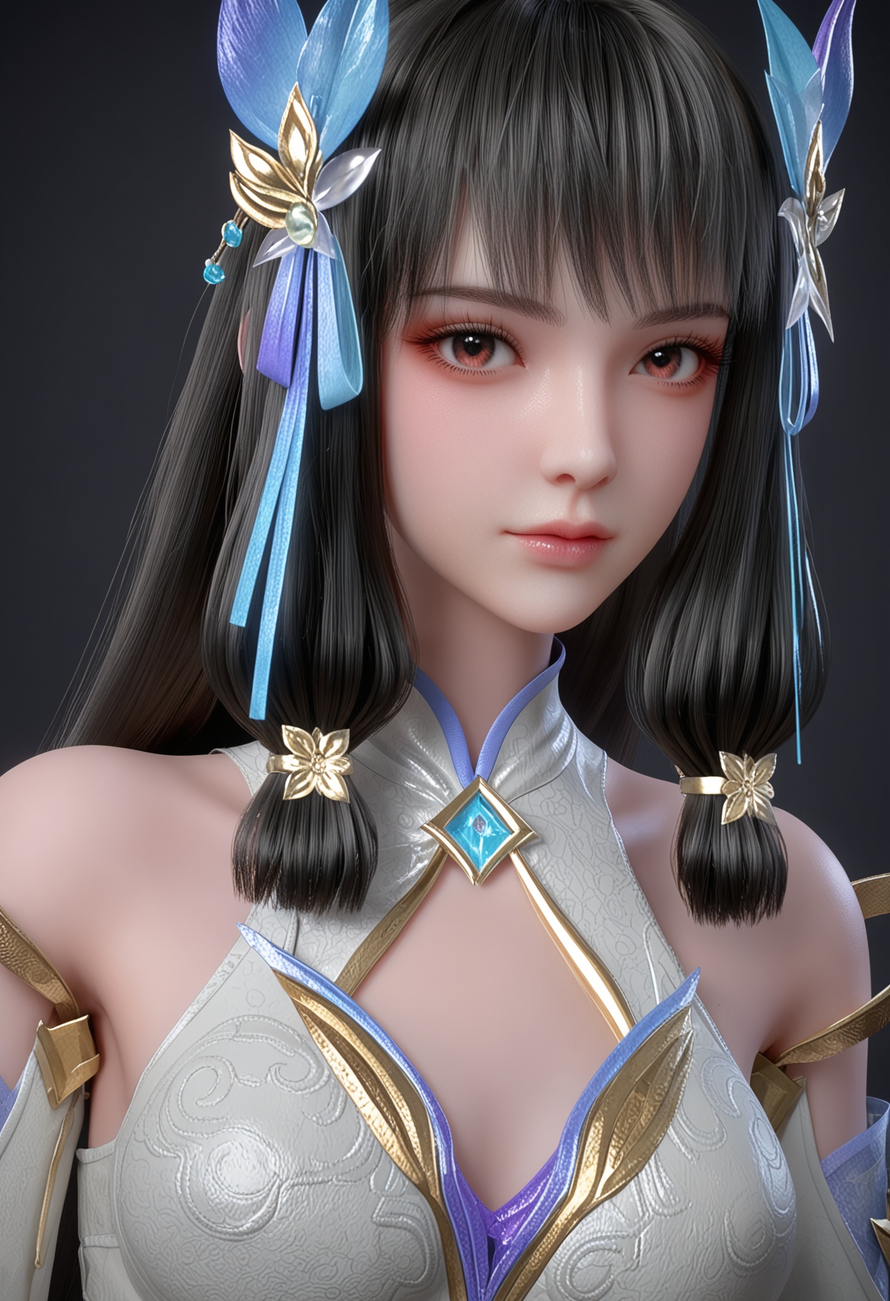 (upper_body:1.2),(looking at viewer:1.1),facing viewer,direct gaze,<lora:YQ_pony_yunluo_shangjiefuzhuang_V4:0.8>,1girl,solo,long hair,black hair,hair ornament,dress,detached sleeves,brown eyes,white dress,chinese clothes,blunt bangs,hair flower,sidelocks,hair ribbon,red eyes,butterfly hair ornament,black eyes,brown hair,jewelry,china dress,gloves,shoes,BREAK (white skin:1.1),(fair skin:1.1),(Ivory skin:1.1),(shiny skin),perfect anatomy,(simple background,pure black background,black background:1.1),