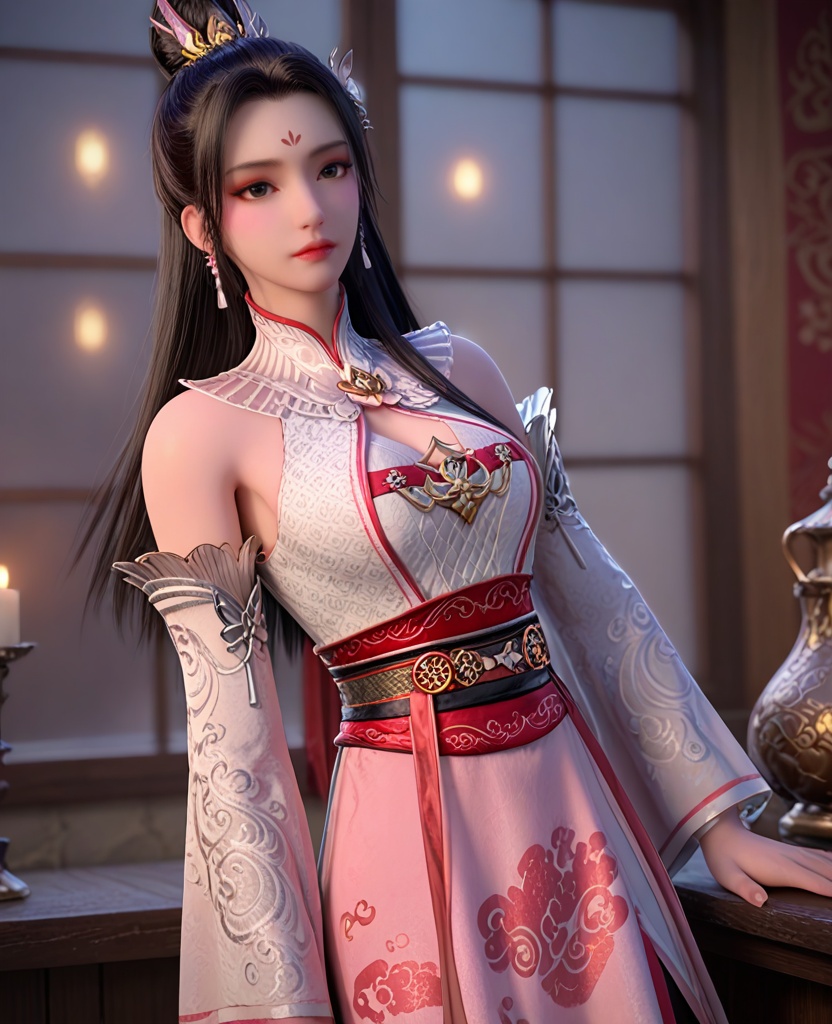 (oriental architecture, elegant decor, sophisticated style:1.1),(Standing near a window, gazing outside with a wistful expression,:1.1),(breasts:1.2),<lora:XL暗河传白鹤淮:0.9>,miss baihehuai,white dress,forehead mark,hair ornament,black hair,jewelry,detached sleeves,mesh print,black eyes,see-through detached collar,sash,pink overskirt,, score_9,score_8_up,score_7_up,score_6_up,score_5_up,score_4_up,3d rendering,tag1,tag2, Cinematic Lighting,backlighting,