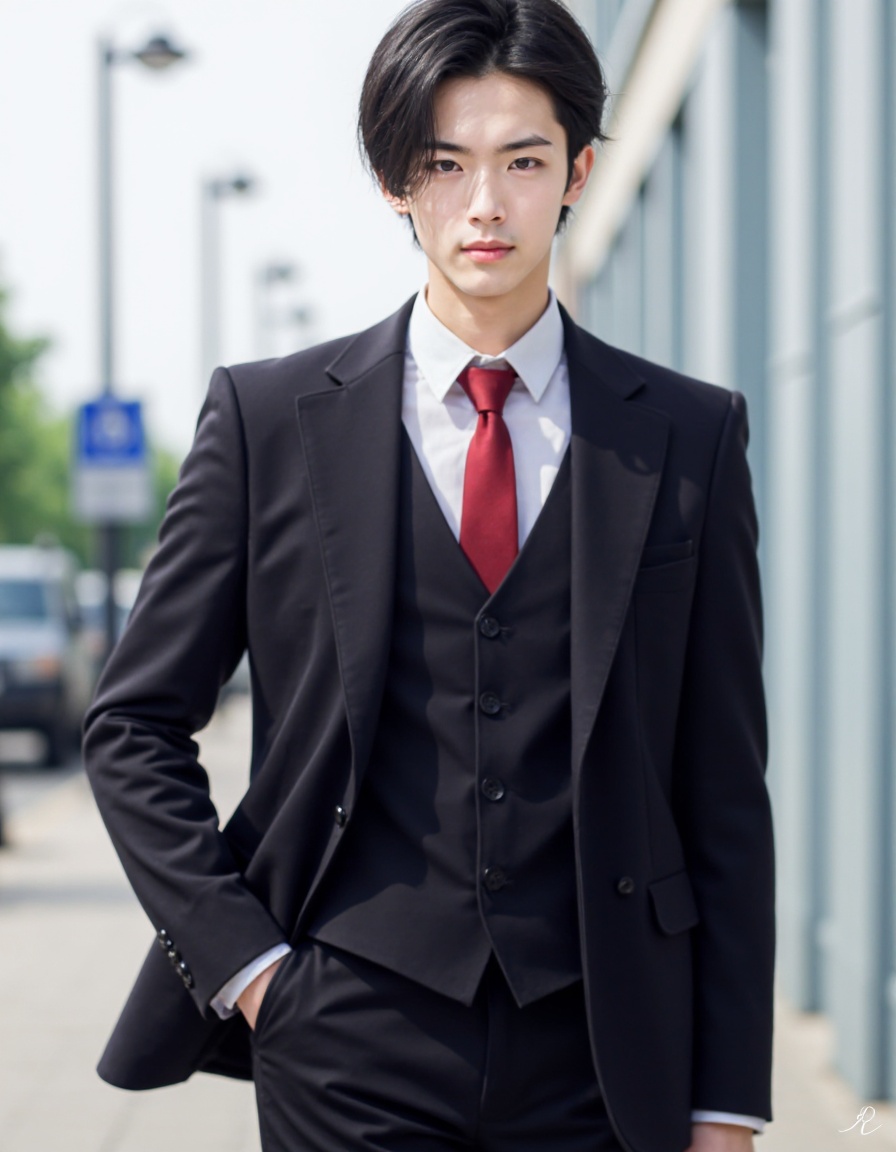 male focus, necktie, hand in pocket, 1boy, black hair, shirt, suit, outdoors, pants, red necktie, formal, realistic, looking at viewer, blurry background, jacket, blurry, white shirt, vest, lamppost, solo focus, collared shirt, holding, black pants, short hair
