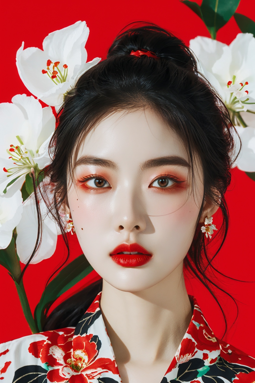 a woman with a red flowered shirt and earrings on her head and a red background with flowers and leaves,flower,1girl,white_flower,lily_\(flower\),bug,butterfly,solo,black_hair,floral_background,daisy,blurry,mole,spider_lily,goldfish,looking_at_viewer,red_lips,