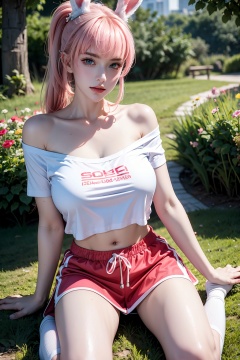 1girl, solo, long hair, breasts, looking at viewer, bangs, blue eyes, skirt, large breasts, shirt, navel, animal ears, cleavage, bare shoulders, sitting, collarbone, white shirt, ponytail, pink hair, short sleeves, outdoors, shorts, socks, midriff, off shoulder, rabbit ears, lips, crop top, wariza, grass, white socks, pink skirt, off-shoulder shirt, pink shorts, gsl<lora:EMS-351122-EMS:0.800000>