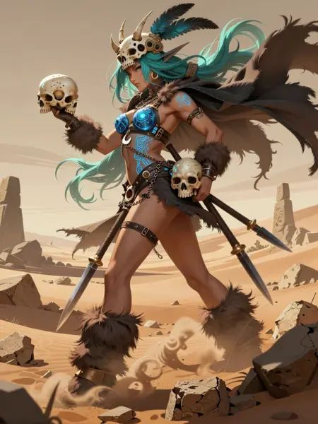 ANIFACZIT: A fierce, turquoise-haired warrior goddess stands atop arid desert dunes under a hazy golden sky, her skull-crowned helmet adorned with jagged bone spikes and flowing teal feathers. Her back glows with intricate bioluminescent blue tribal tattoos pulsing like living circuitry beneath leather harnesses strapped across her torso. She wields two skulls—one held aloft as if imbued with mystical energy, crackling faintly; the other rests at her hip, gleaming ominously. Furry boots clad in frayed fur trim grip rocky terrain while a tattered brown cloak billows behind her, edged with blackened fringe. Dual spear blades protrude from her thighs — one sharp dagger tip visible near ground level, another concealed within belt loops. Around her neck hangs ornate silver chainmail clasped by a crescent moon pendant. Dust swirls around her feet as she turns slightly, revealing powerful musculature sculpted through layered armor pieces and sinewy skin textures. The distant horizon features towering stone monoliths casting long shadows over barren wasteland where silence screams louder than wind. This scene radiates raw power fused with ancient mysticism, all rendered in hyper-detailed anime artistry bursting with motion lines, dynamic lighting contrasts, and visceral emotional depth. <lora:Anime_Factory_E6_ZIT:0.4>