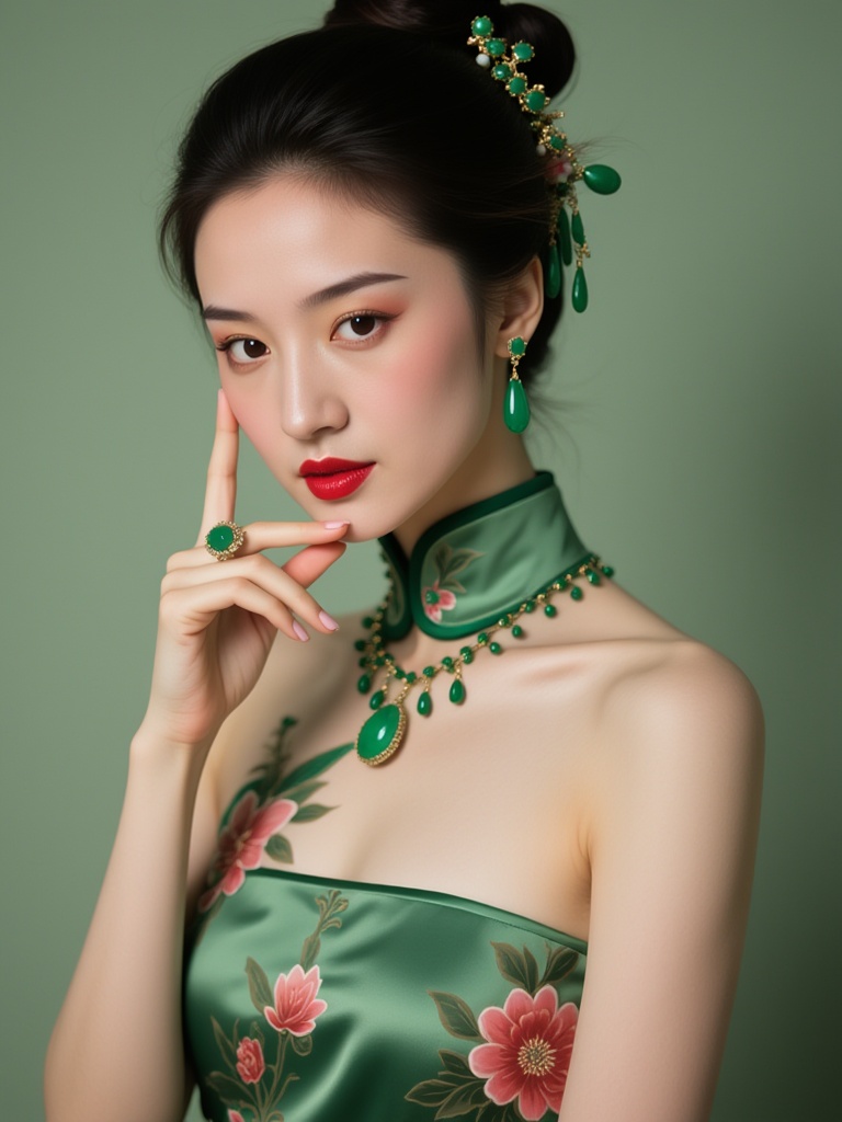 hfxnsas,a young Asian woman with fair skin and dark hair styled in an elegant updo, wearing a traditional green cheongsam dress with a floral pattern. She has a serious expression and is holding a large emerald ring in her right hand. The background is a soft, pastel green color. The woman is wearing a matching necklace and earrings. The lighting is soft and natural, highlighting her delicate features. The overall mood is elegant and sophisticated.<lora:S-T-汉服仙女-S1.5:1>