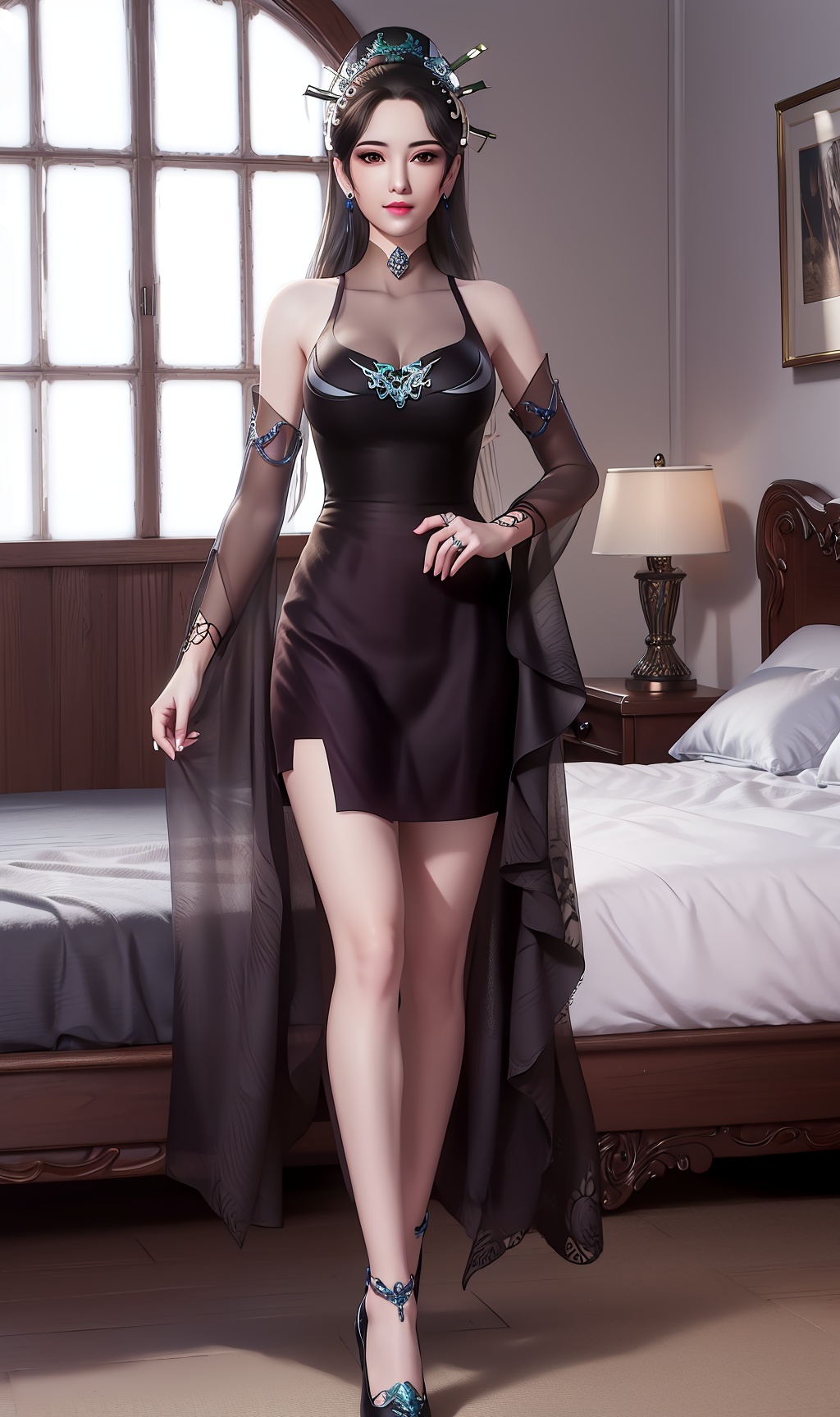 masterpiece,(best quality),official art, extremely detailed cg 8k wallpaper,((crystalstexture skin)), (extremely delicate and beautiful),highly detailed,1girl,solo,long hair,headwear,(standing),( hair),((dress,skirt)),face,lips,(closed mouth),(full body),(medium breasts),((hair_ornament)),jewelry,earrings,facial_mark,bare_shoulders,(sunshine, indoor,bed),((looking_at_viewer)),((Facing the camera)),, <lora:hipoly3DModelLora_v10:0.3>