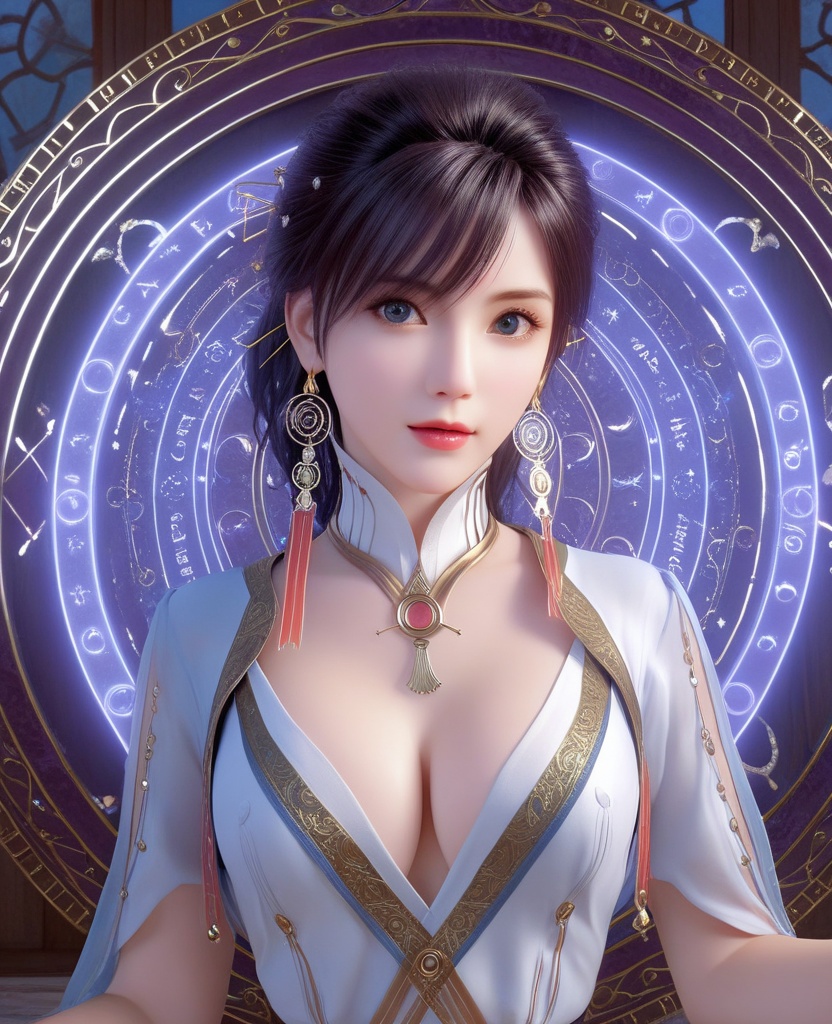 <lora:639-DA-XL-眷思量-须灵犀:0.8>(,1girl, ,best quality, ),looking at viewer,ultra detailed background,ultra detailed background,ultra realistic 8k cg, ,masterpiece, (( , )),   (magic, magic circle, ),  (cleavage), (),
