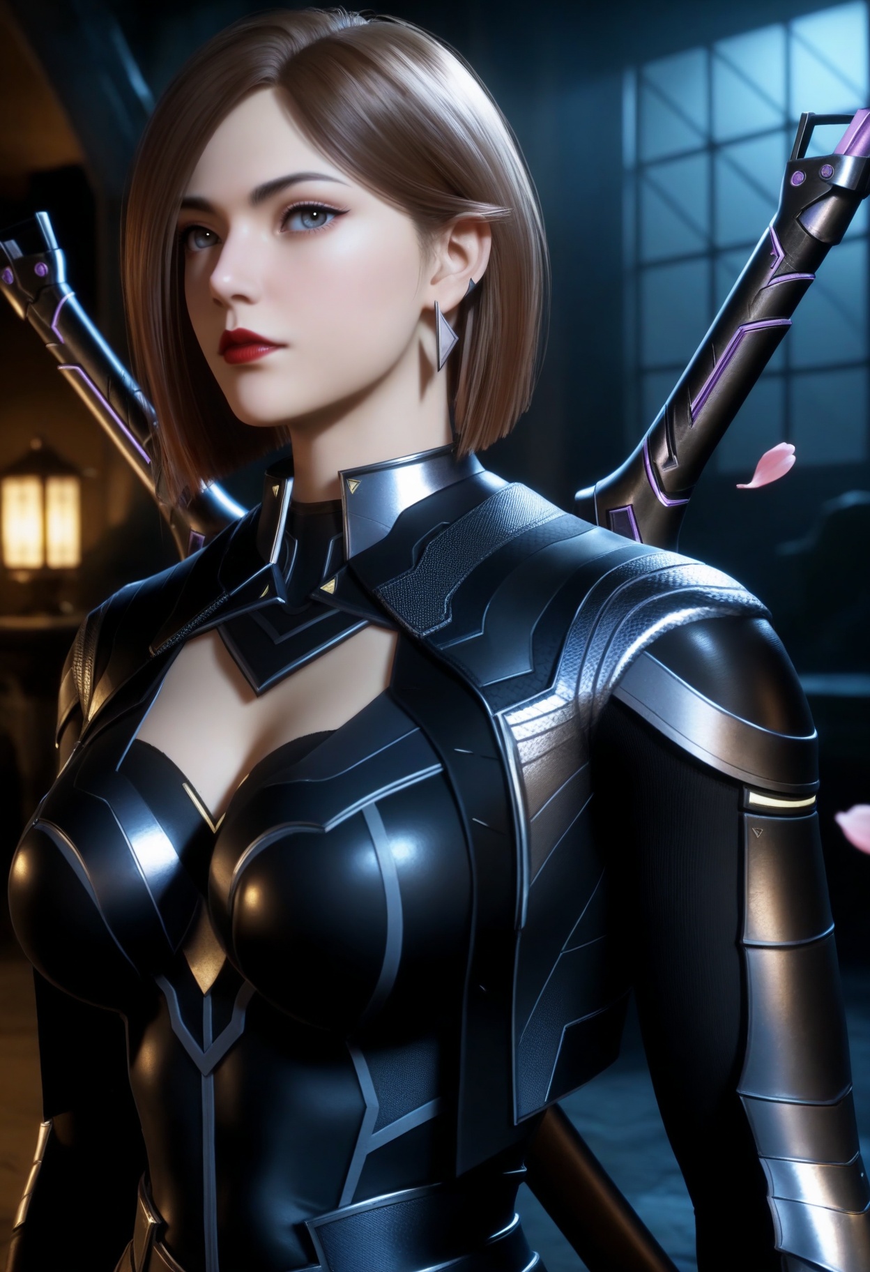 masterpiece,best quality,amazing quality,very aesthetic,high resolution,ultra-detailed,absurdres,scenery,photorealistic,(looking at viewer:1.1),upper body,(Dark room:1.3),(moody lighting:1.1),peach blossom,falling petals,(large breasts:0.8),jiangfang,1girl,solo,brown hair,short hair,armor,jewelry,earrings,realistic,grey eyes,cleavage cutout,bodysuit,clothing cutout,red lips,weapon on back,high_heel_boots BREAK photorealistic details,<lora:QQSilljiangfangV1:0.8>,