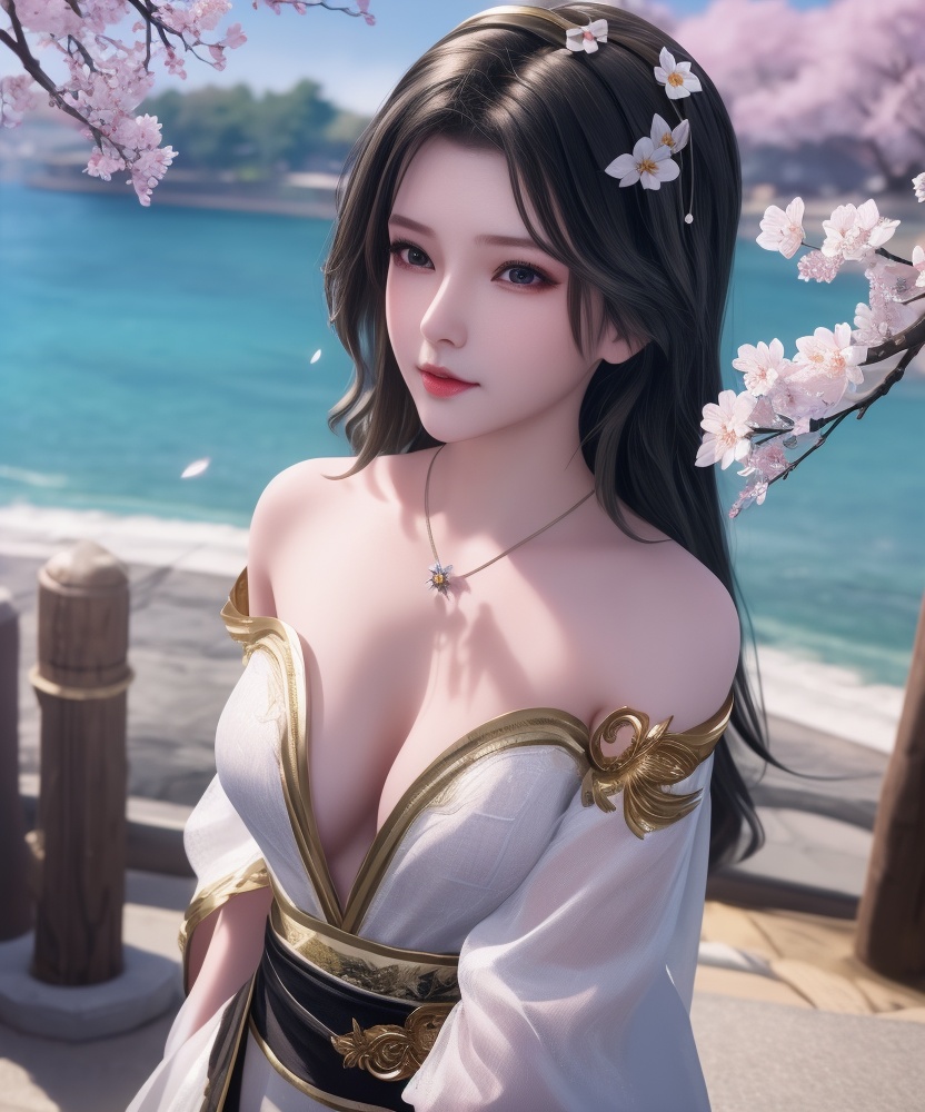 <lora:542-DA-万界至尊-青雉:0.8>(,1girl, ,best quality, ),looking at viewer,  ultra detailed background,ultra realistic 8k cg,ultra detailed 8k cg,masterpiece,upper body,  (( , )),, ,science fiction,mole, ultra realistic 8k cg, ,    ,outdoors, sun,sunlight, cherry blossoms,      (cleavage), (),