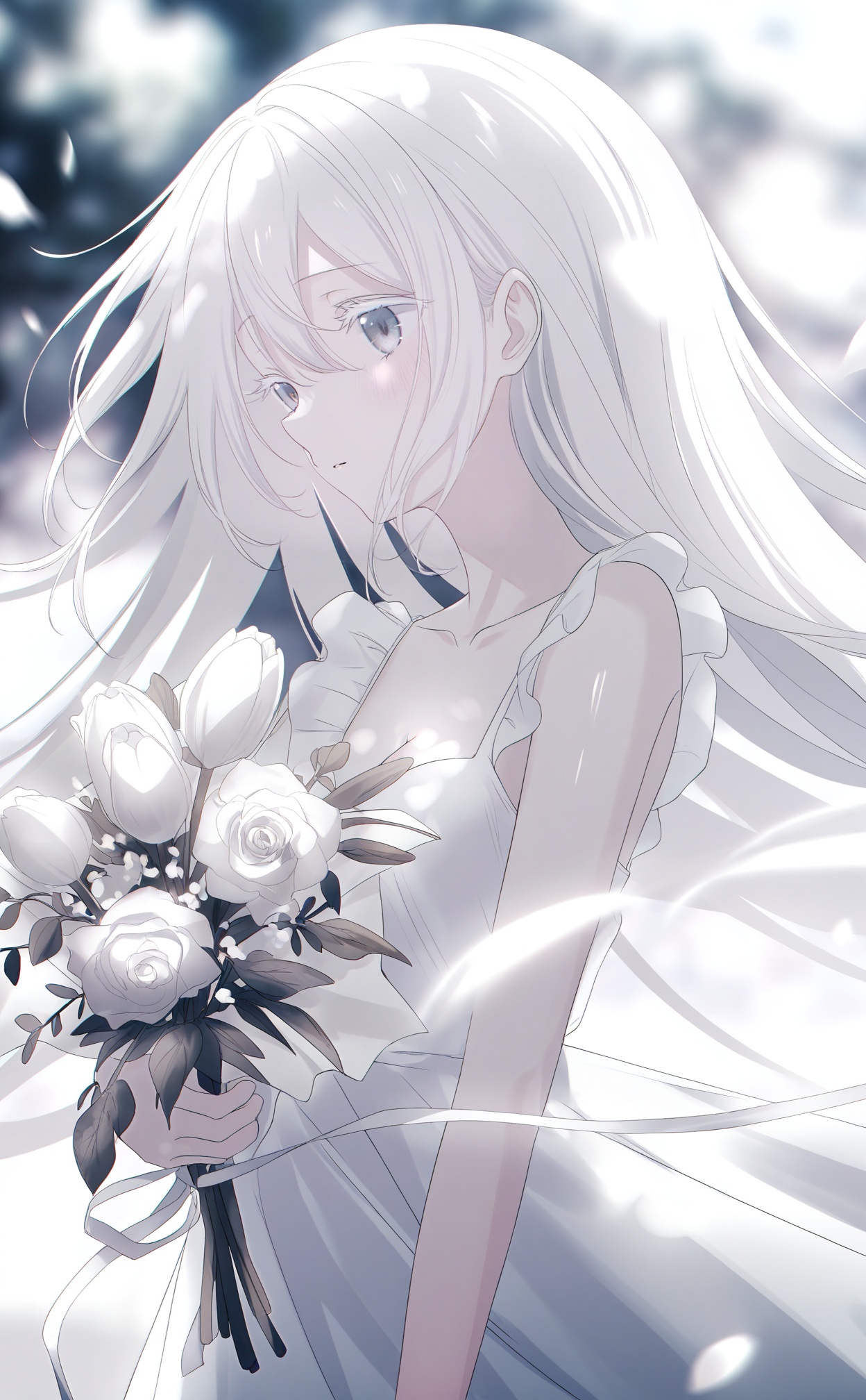 masterpiece,highres,absurdres,newest,best quality,loli,petite,high quality,chromatic_aberration,shiny_skin,//,1girl,solo,colored_eyelashes,flower,long_hair,white_hair,white_theme,bouquet,white_flower,dress,holding,white_dress,white_rose,blurry_background,blurry,holding_bouquet,hair_between_eyes,rose,sleeveless,sleeveless_dress,holding_flower,parted_lips,tulip,white_ribbon,frilled_dress,frills,floating_hair,eyelashes,very_long_hair,petals,bare_arms,upper_body,ribbon,leaf,sidelocks,depth_of_field,outdoors,falling_petals,blush,wind,//,medium breasts,bouncing breasts,cleavage,bare shoulders,//,<lora:aestivation——【noob】hans:1>,
