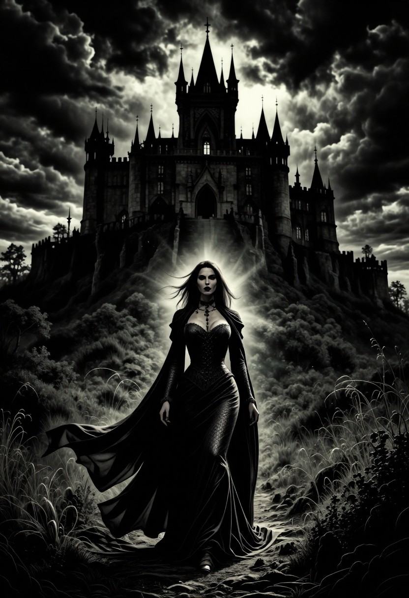 tot_halloween,  A striking image of a vampiress on a hill facing a gothic castle under a stormy sky. Features dramatic lig...