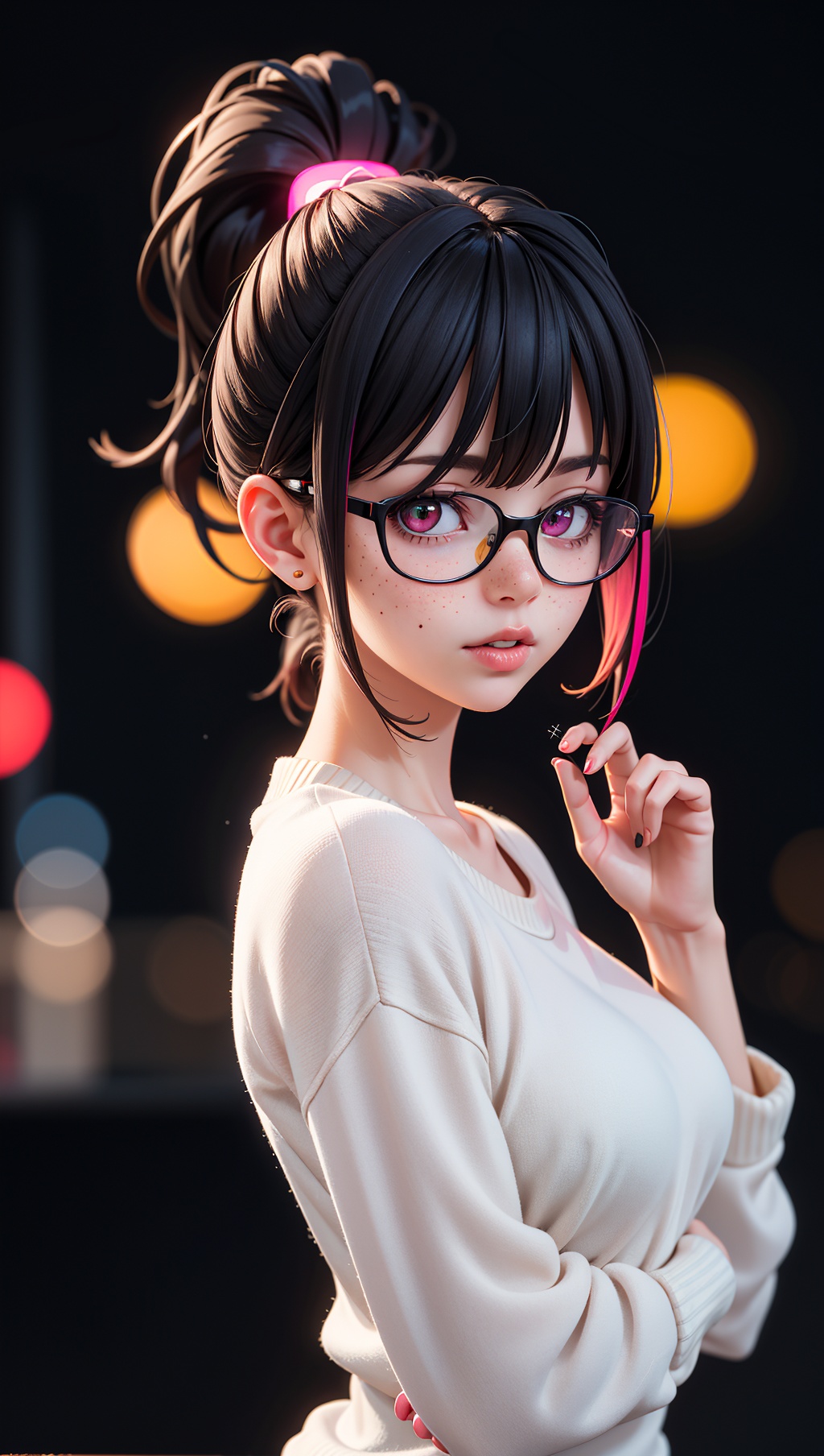 woman,  wearing glasses,  lights bokeh background on Tensor.Art