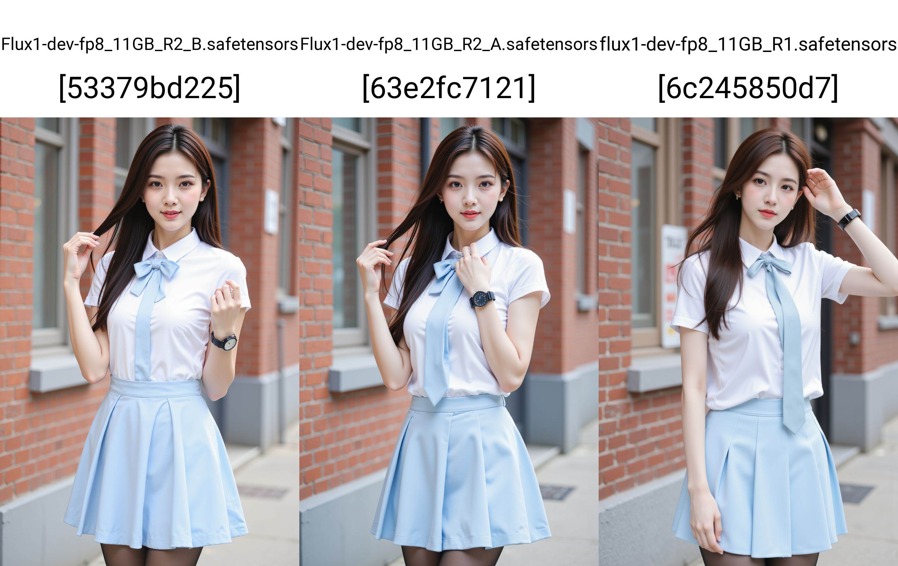 A young woman stands outdoors near a brick building with windows. She wears a white short-sleeved collared shirt paired with a light blue tie that has a bow at the collar. Her skirt is a light blue pleated design,and she has on black tights. Her long,dark hair flows down her back,and she wears a black wristwatch on her left wrist. One hand is raised,gently lifting a strand of hair,while the other hand rests by her side. The background features a brick wall with a window and a sidewalk,with some blurred architectural details. The overall scene is well-lit,suggesting daytime.,