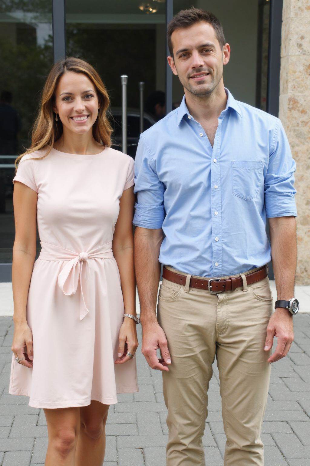 The image shows two individuals standing side by side in front of a building with large windows. The person on the left is...