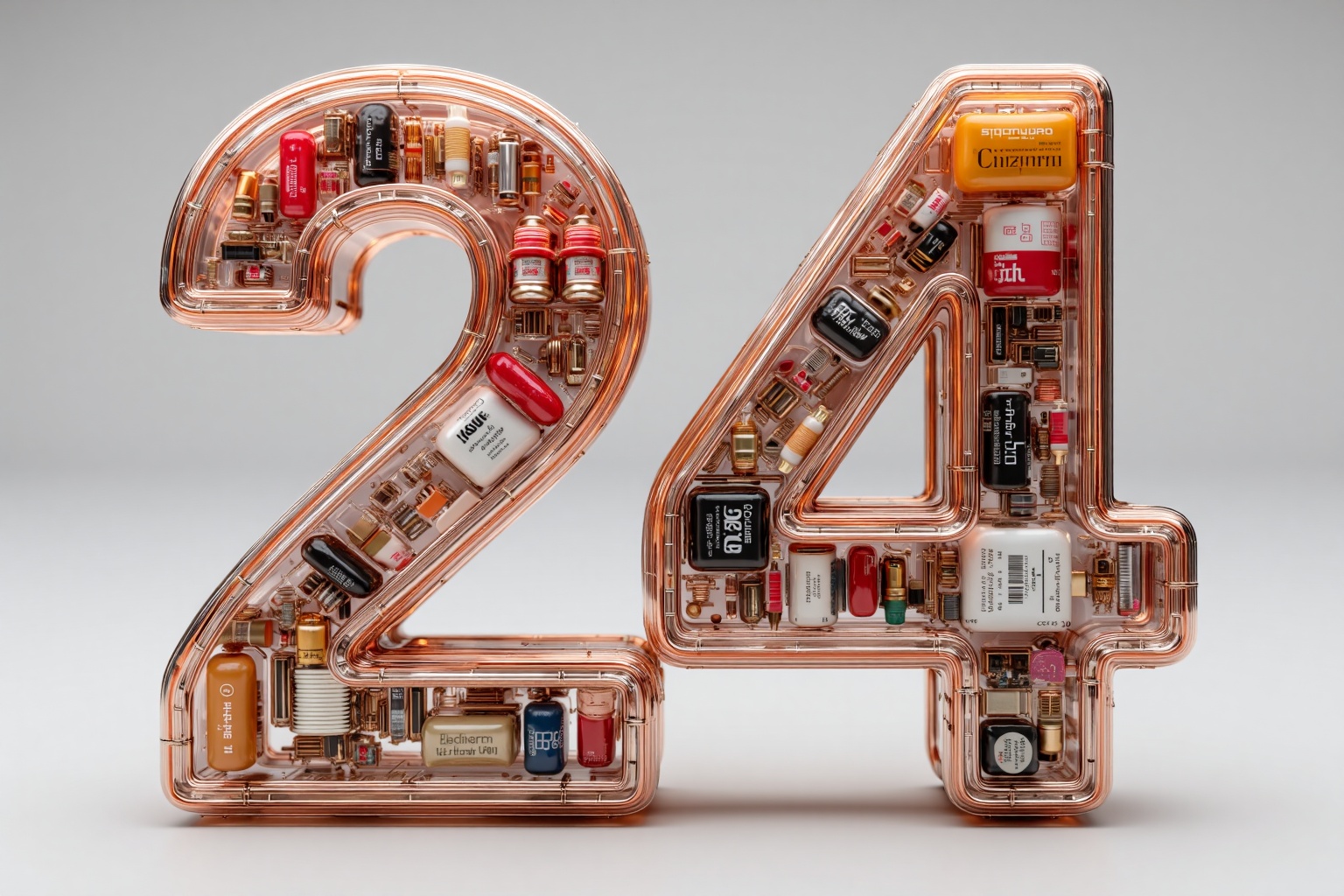 beijihui,The image depicts a transparent,copper-colored 3D structure that resembles the number "24." The structure is composed of various electronic components,including resistors,capacitors,integrated circuits,and wires,which are intricately arranged to form the shape of the number. The background is a neutral gray gradient,providing a clean and minimalistic backdrop that highlights the detailed and complex design of the number. The overall aesthetic is futuristic and mechanical,with a focus on the intricate details of the electronic components.,