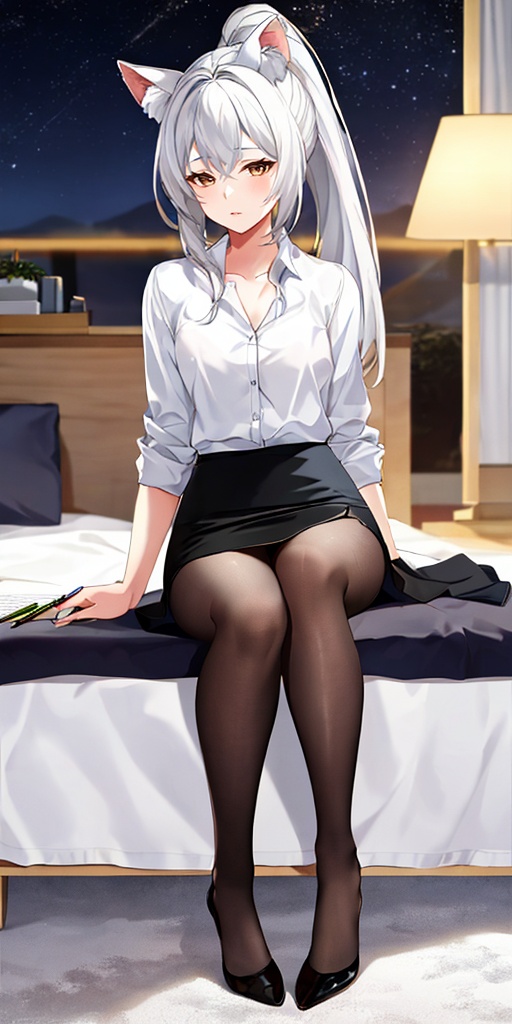xuanji,1girl,black pantyhose,animal ear fluff,white hair,(pencil_skirt:1.4),high ponytail,long hair,solo,small breasts,looking at viewer,sitting,full body,masterpiece,best quality,HDR,UHD,8K,sleepy,barefoot,white_shirt,bedroom,Highly detailed,animal ears,night sky,,moon,removed shoes,high_heels,clothes_down,<lora:xuanji-000016:0.6>
