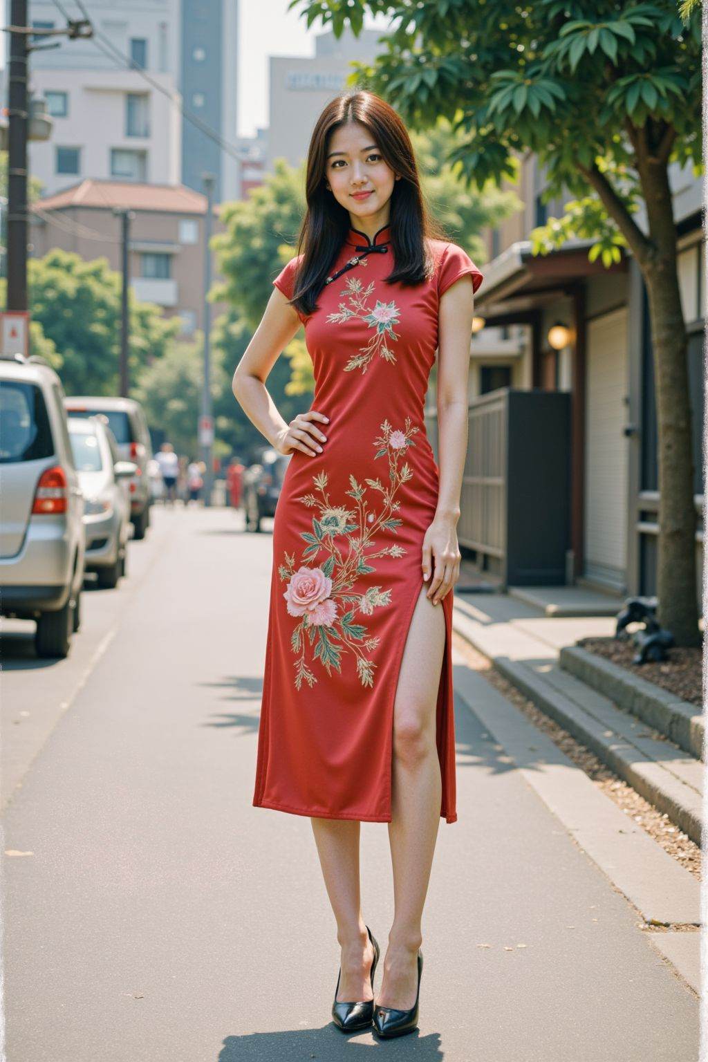 Photographic photograph,Polaroid_film,Fgirl,nike shoes,girl smile,bailing_model,cinematic photo 1girl,teenage,solo,teenage,cheongsam,embroidery,upper body,high heel shoes,street,