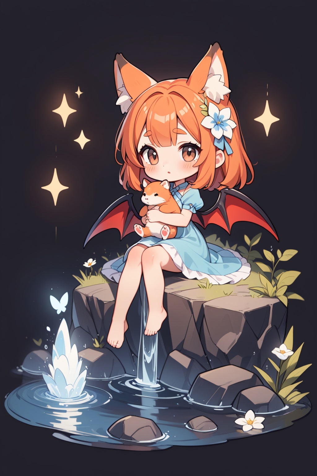 1girl,flower,hair flower,solo,barefoot,animal ears,blue dress,dress,water,short sleeves,wings,animal,hair ornament,animal ear fluff,white flower,blue flower,bangs,sitting,blush,thick eyebrows,black background,chibi,long hair,puffy sleeves,brown eyes,orange hair,sparkle,puffy short sleeves,rock,simple background,bare legs,looking at viewer,short eyebrows,parted lips,red wings,bow,demon wings,closed mouth,holding animal,full body,sleeveless dress,blue bow,<lora:糖果森林_XL_LoRA_v1.1:1.3>,, masterpiece,best quality,very aesthetic,absurdres,