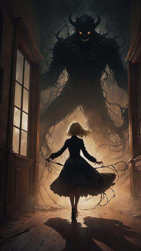 Nightmare theme,  Anime style,  a living silhouette of a shadow black fog monster trying to attack a girl from the darknes...