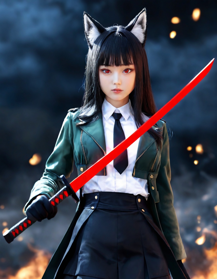 1girl,hoshimi miyabi,zenless zone zero,rei \(sanbonzakura\),torino aqua,(ciloranko:0.9),lack,from above,from side,foreshortening,animal ear fluff,black gloves,black hair,black necktie,black skirt,blunt bangs,closed mouth,fox ears,fox girl,green jacket,high-waist skirt,holding sword,glowing katana,energy,long hair,red eyes,serious,sidelocks,solo,white shirt,blue theme,black background,depth of field,cinematic,masterpiece,best quality,good quality,newest,highres,absurdres,style_6,