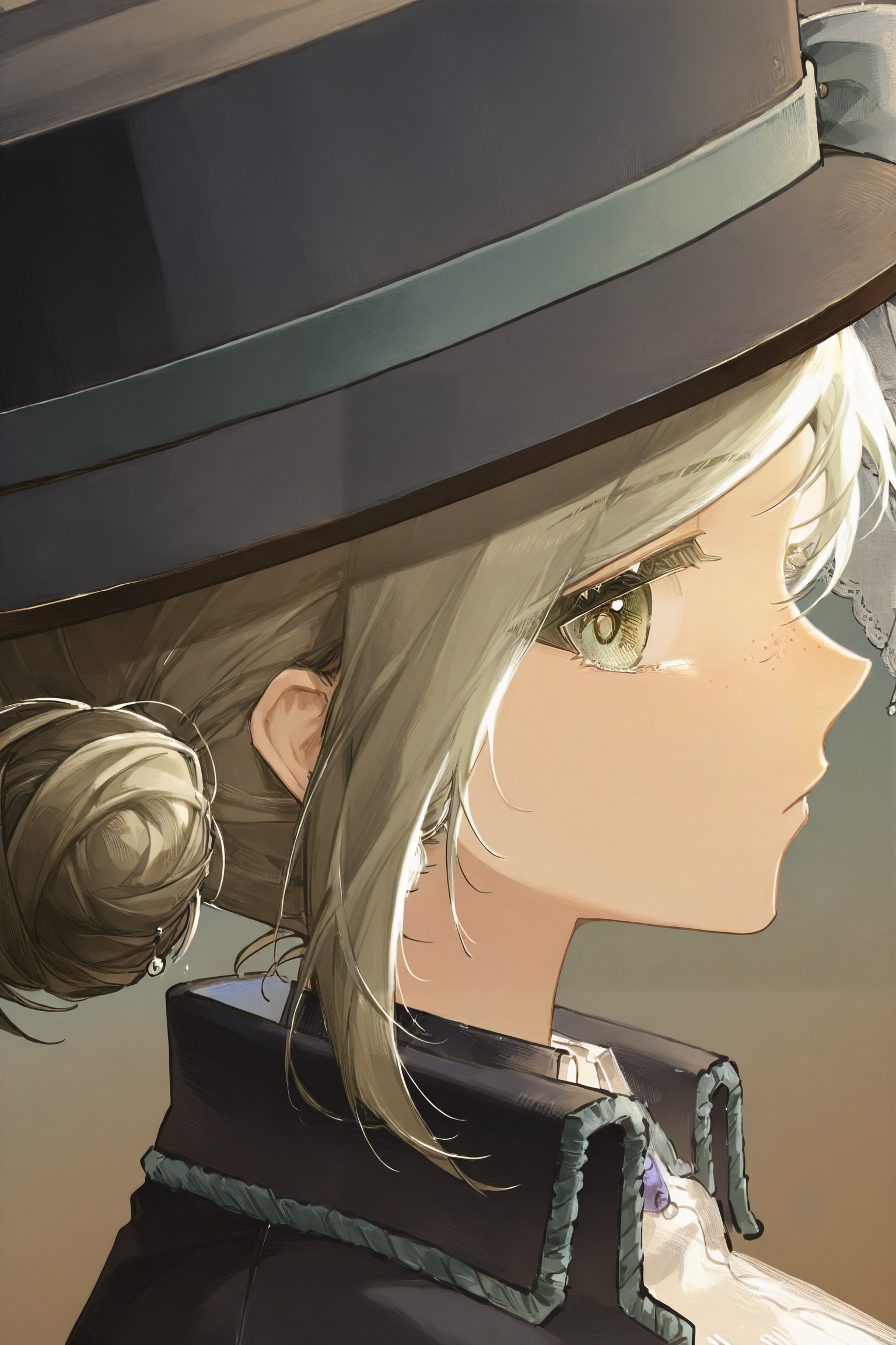 vertin \(reverse:1999\),1girl,black coat,boater hat,coat,freckles,from side,gradient background,green eyes,grey hair,hair bun,looking at viewer,portrait,profile,shirt,short hair,single side bun,solo,white shirt,<lora:光辉重返未来0.3版本XL-000004:1>,cfwl/zyhf,