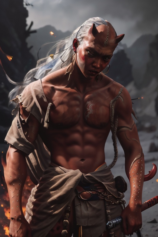 masterpiece,best quality,(8k, RAW photo, best quality, masterpiece:1.2),(realistic, photo-realistic:1.37),stunning 8k fashion photo,rsolo, male focus, 1boy, red skin, weapon, yecha_xy