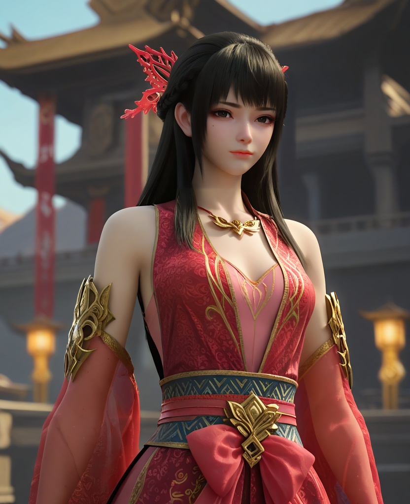 (oriental architecture, elegant decor, sophisticated style:1.1),fidgeting,(breasts:1.2),<lora:XL16大主宰红绫:0.95>,1girl,red dress,mole under eye,black eyes,black hair,long hair,hair ornament,bare shoulders,, zPDXL2, score_9, score_8_up, score_7_up BREAK realistic, masterpiece,best quality, highly detailed,, zPDXL3, zPDXL2,zPDXL, zPDXLxxx, zPDXLrl,