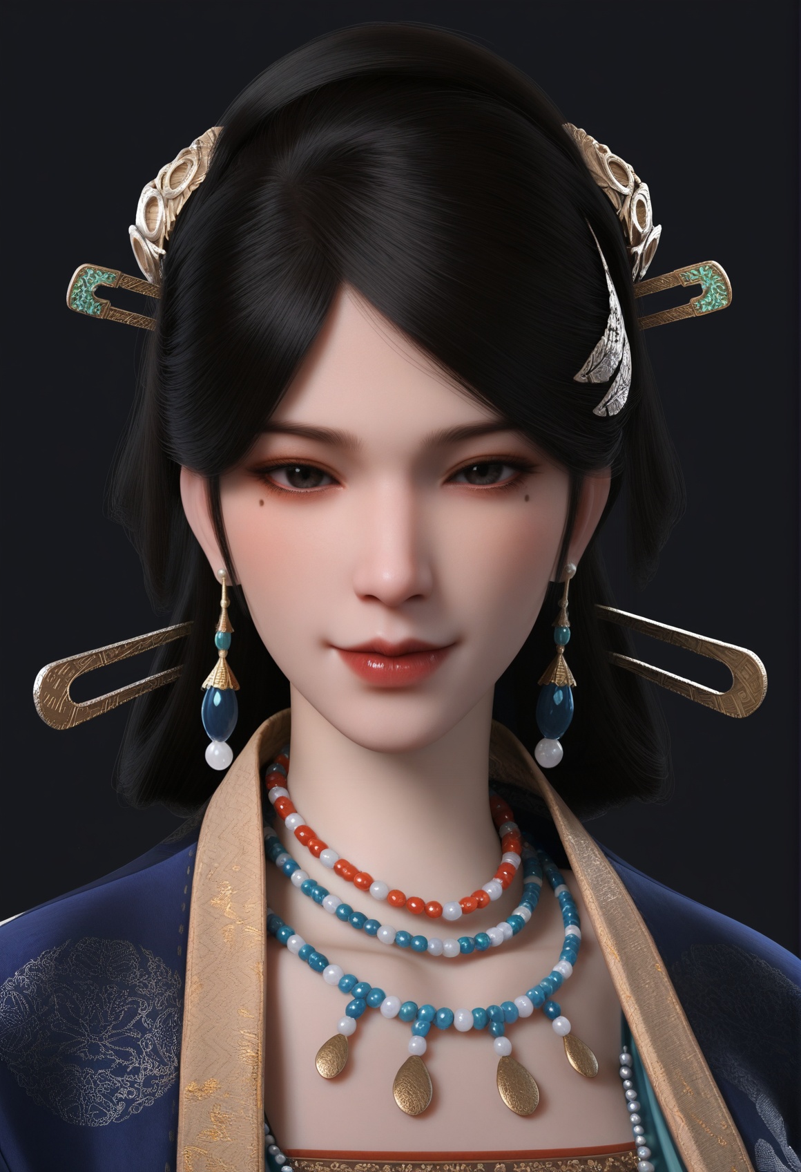 (score_9),portrait,(close-up),solo focus,(eye focus),<lora:温洛玉-apony:0.83>,wengluoyu,solo,1girl,black hair,earrings,hair ornament,updo,hair stick,mole under eye,mole,mature_female,BREAK<lora:Expressive_H-000001:0.8>,light blush,Expressiveh,looking at viewer,seductive_smile,fair_skin,(pale skin),ultra-detailed skin texture,detailed textures,BREAKsimple background,black background,<lora:e色温:0.25>,4K ultra HD,sharp focus,high detail,high contrast,