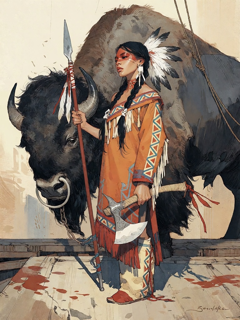 Bradhamel art style.A detailed illustration of a Native American warrior standing confidently in profile,  adorned in vibr...